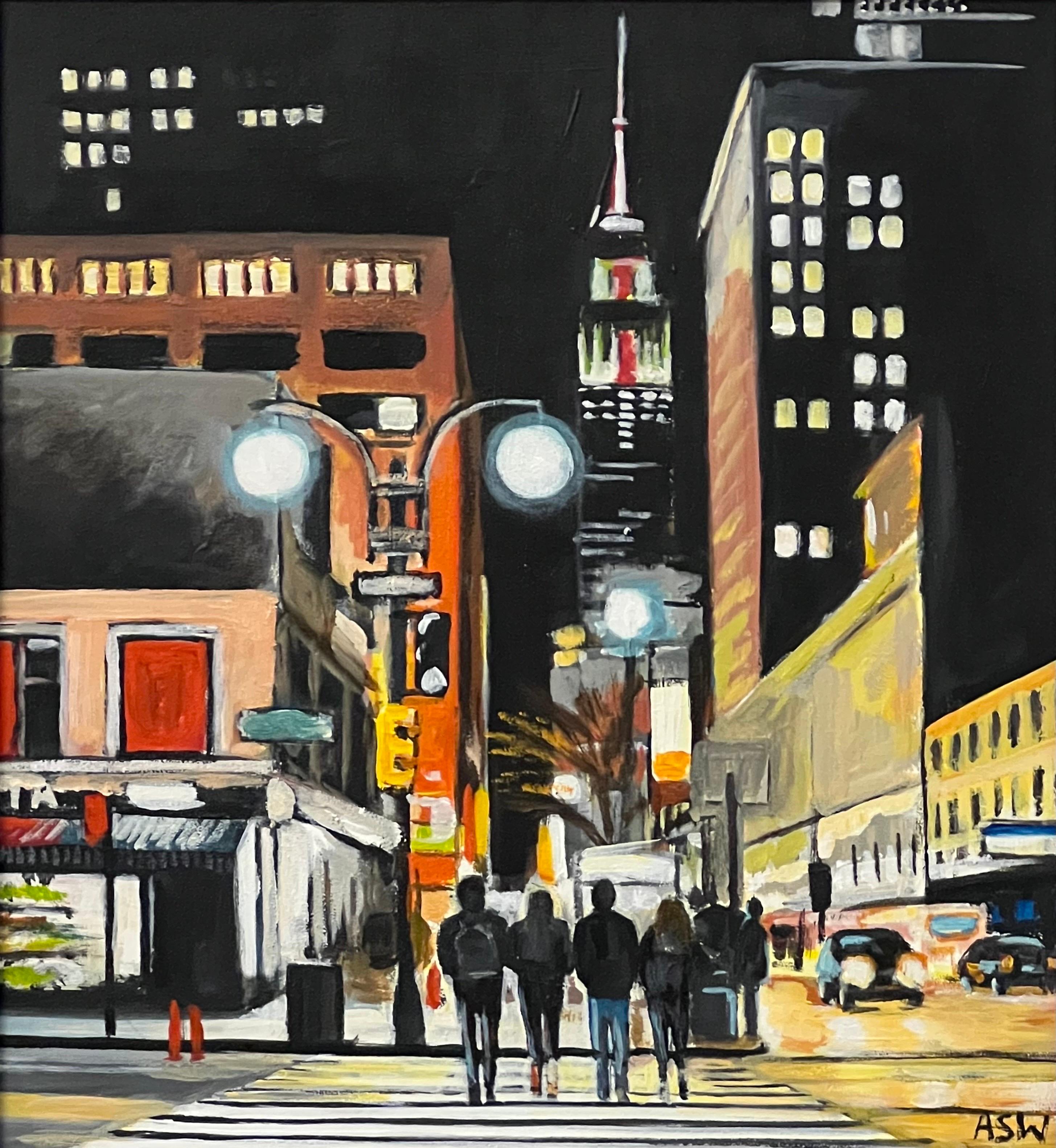 Figures at Empire State Building New York Night by Contemporary British Artist For Sale 10