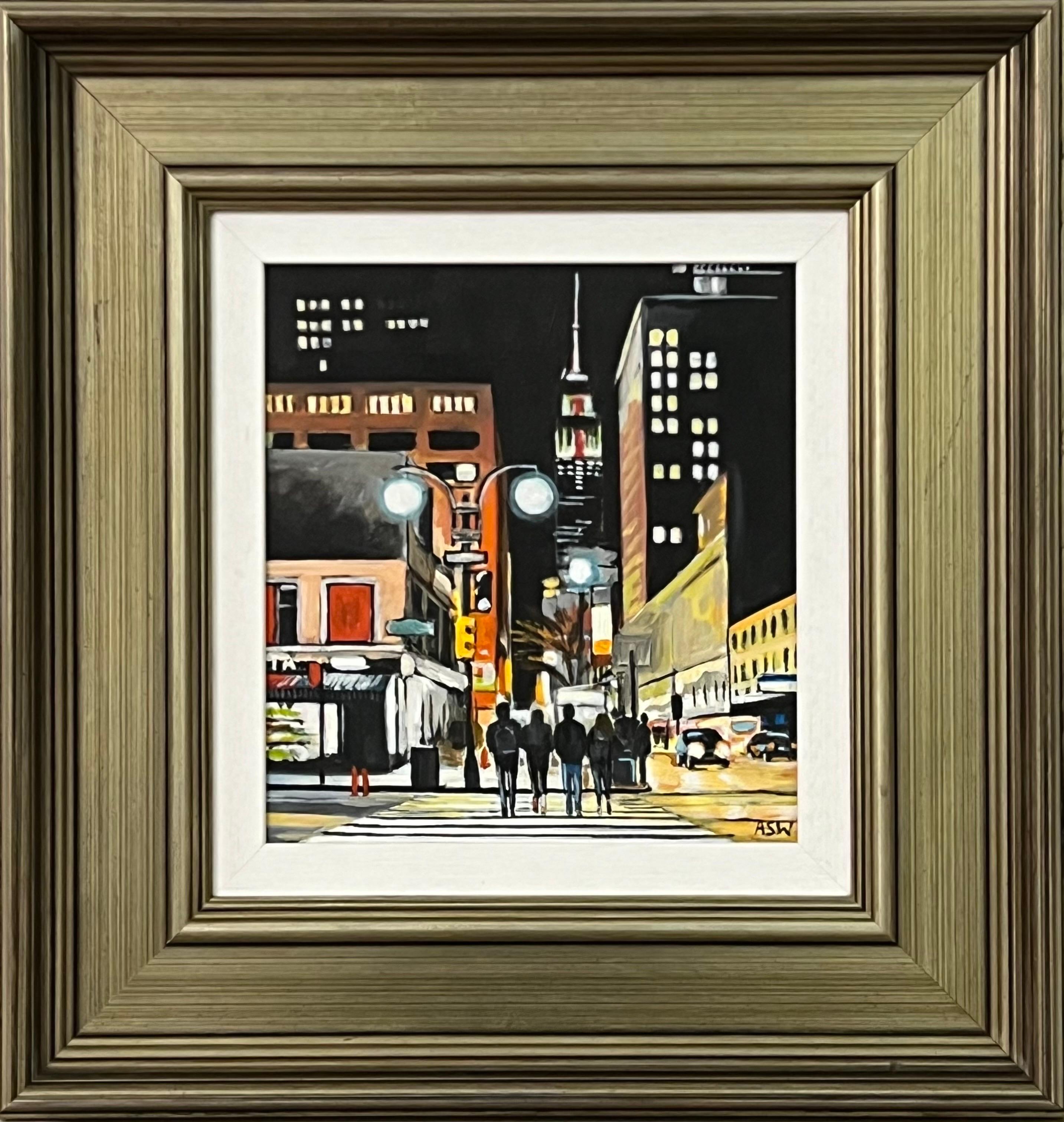 Figures at Empire State Building New York Night by Contemporary British Artist