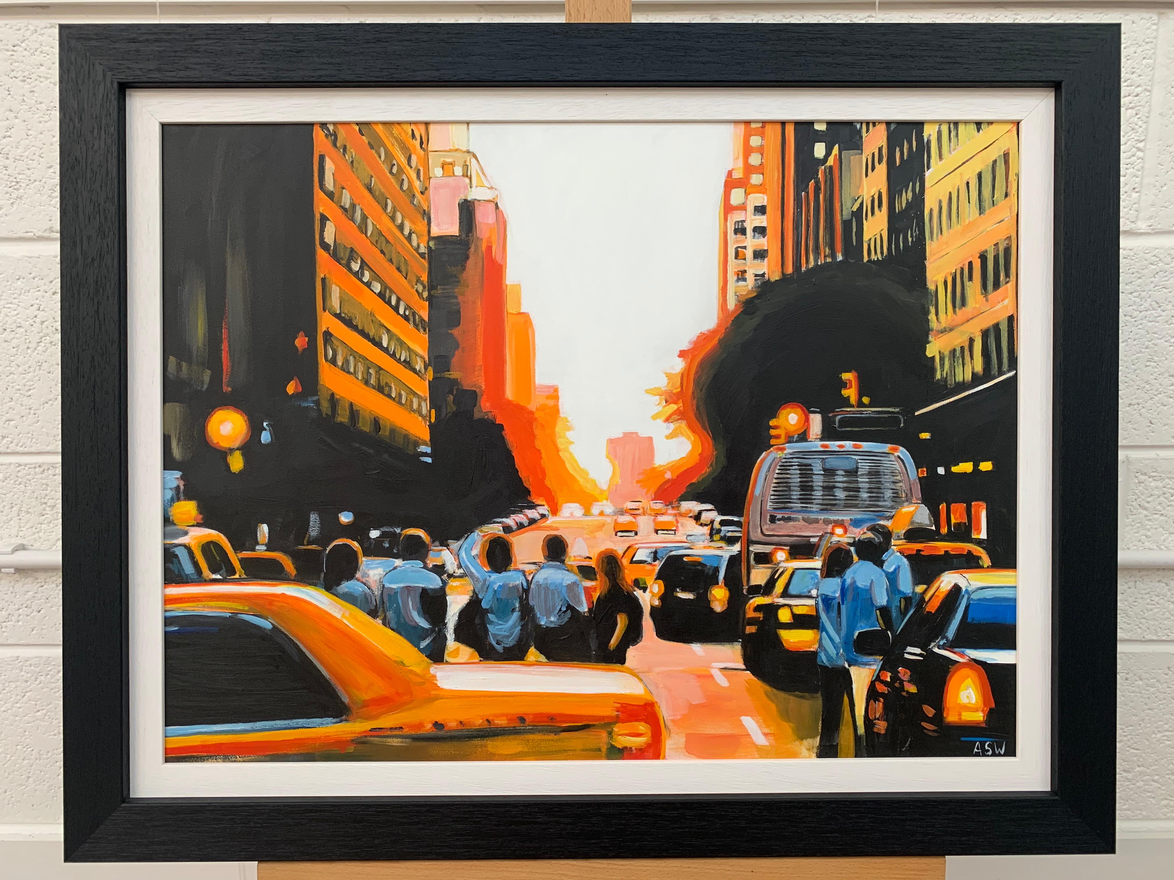 Figuren am Manhattan Henge Sunset New York City von führendem britischen Stadtarchitekten (Schwarz), Figurative Painting, von Angela Wakefield