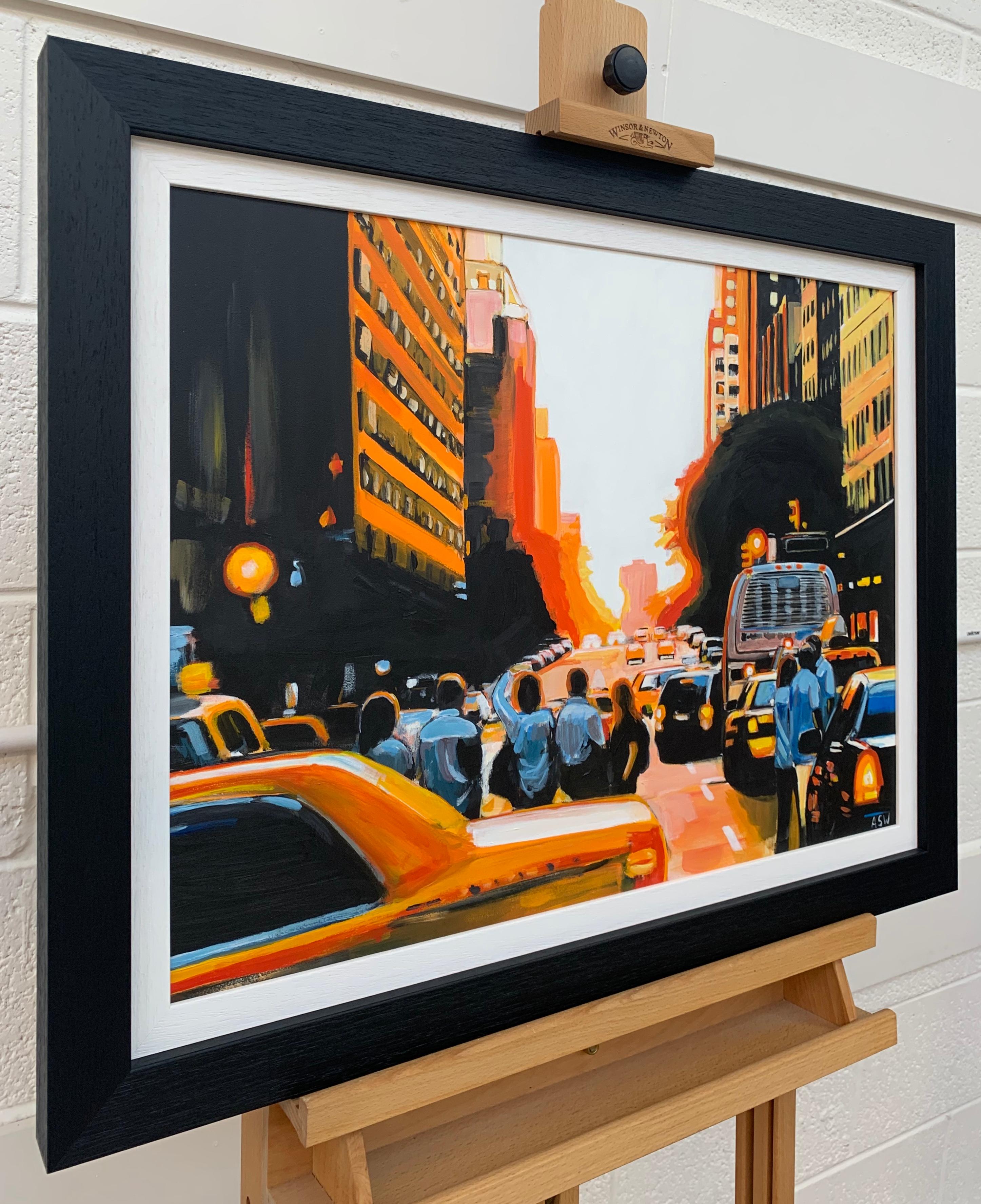 Figuren am Manhattan Henge Sunset New York City von führendem britischen Stadtarchitekten (Realismus), Painting, von Angela Wakefield