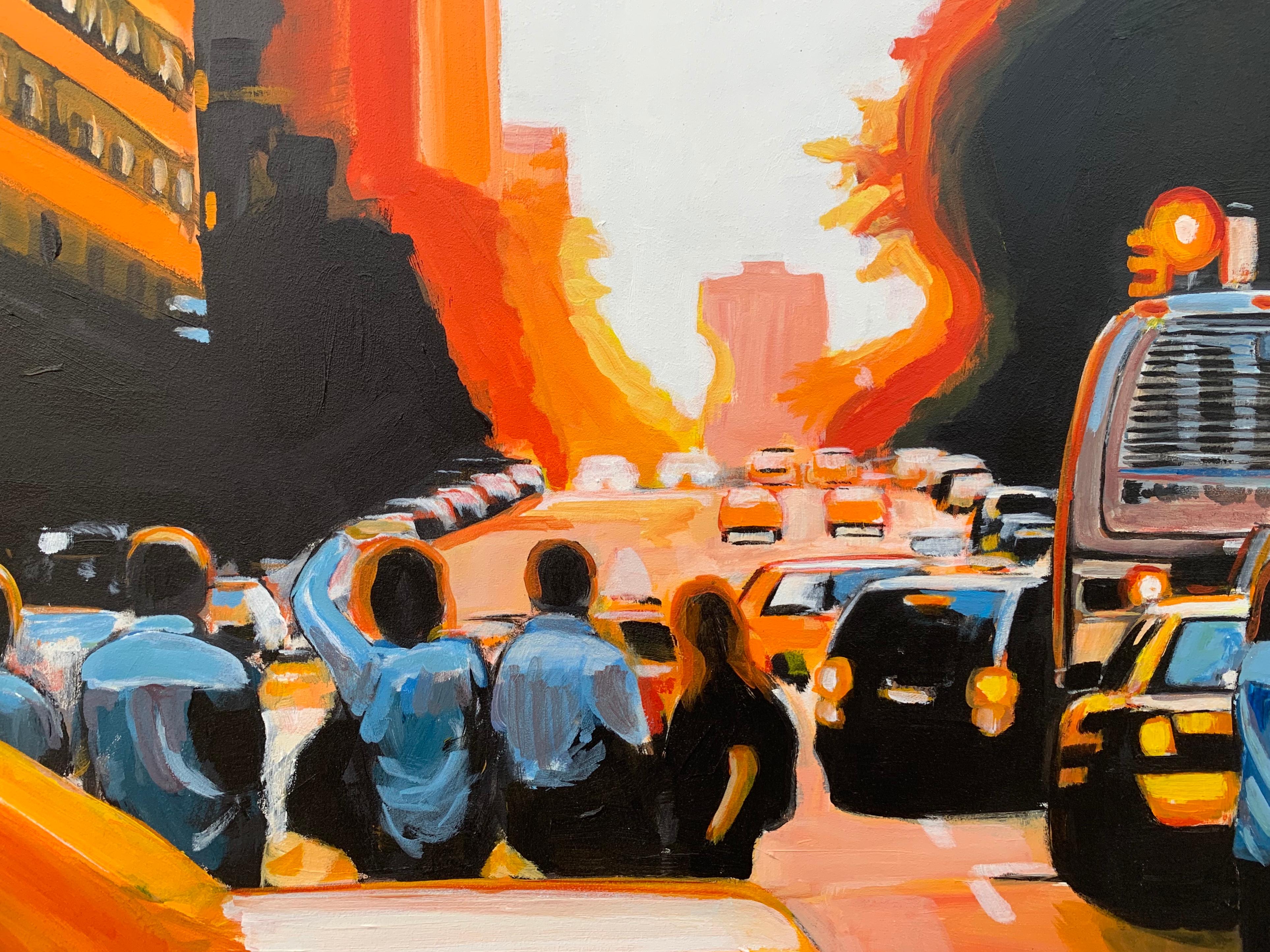 Figures at Manhattan Henge Sunset New York City by Leading British Urban Artist For Sale 8