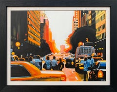Figuras en el Henge de Manhattan Puesta de sol en Nueva York por un destacado artista urbano británico