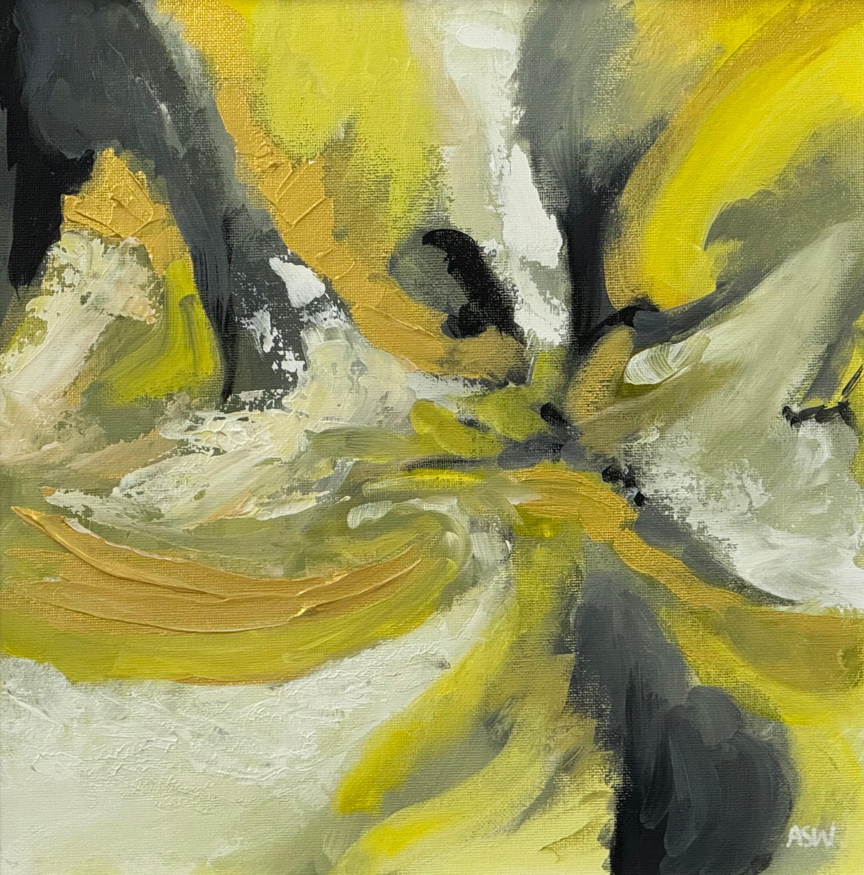 Arte Abstracto Dorado, Amarillo y Negro en Marco de Bronce por Artista Británico Contemporáneo en venta 7