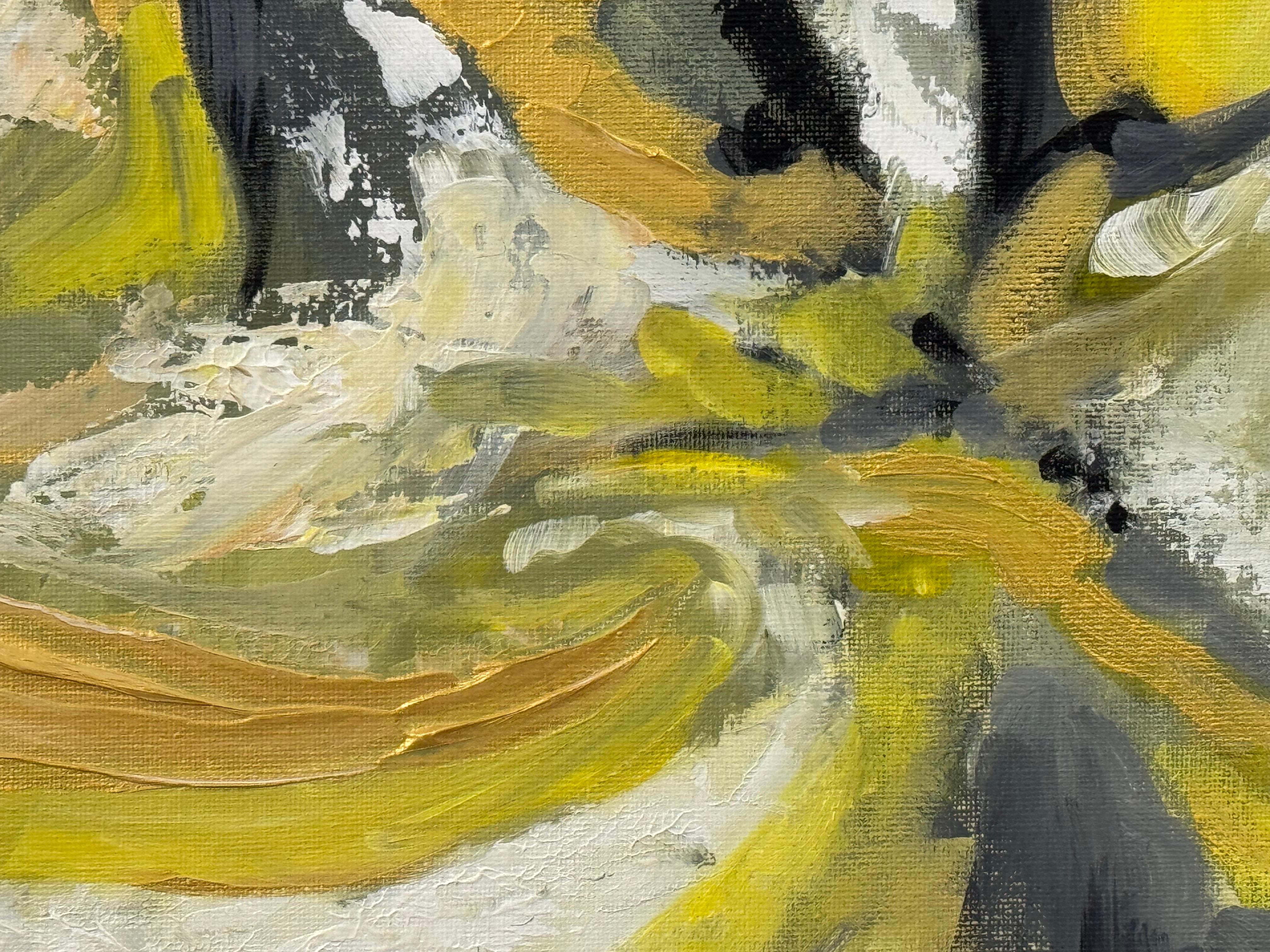 Arte Abstracto Dorado, Amarillo y Negro en Marco de Bronce por Artista Británico Contemporáneo en venta 10