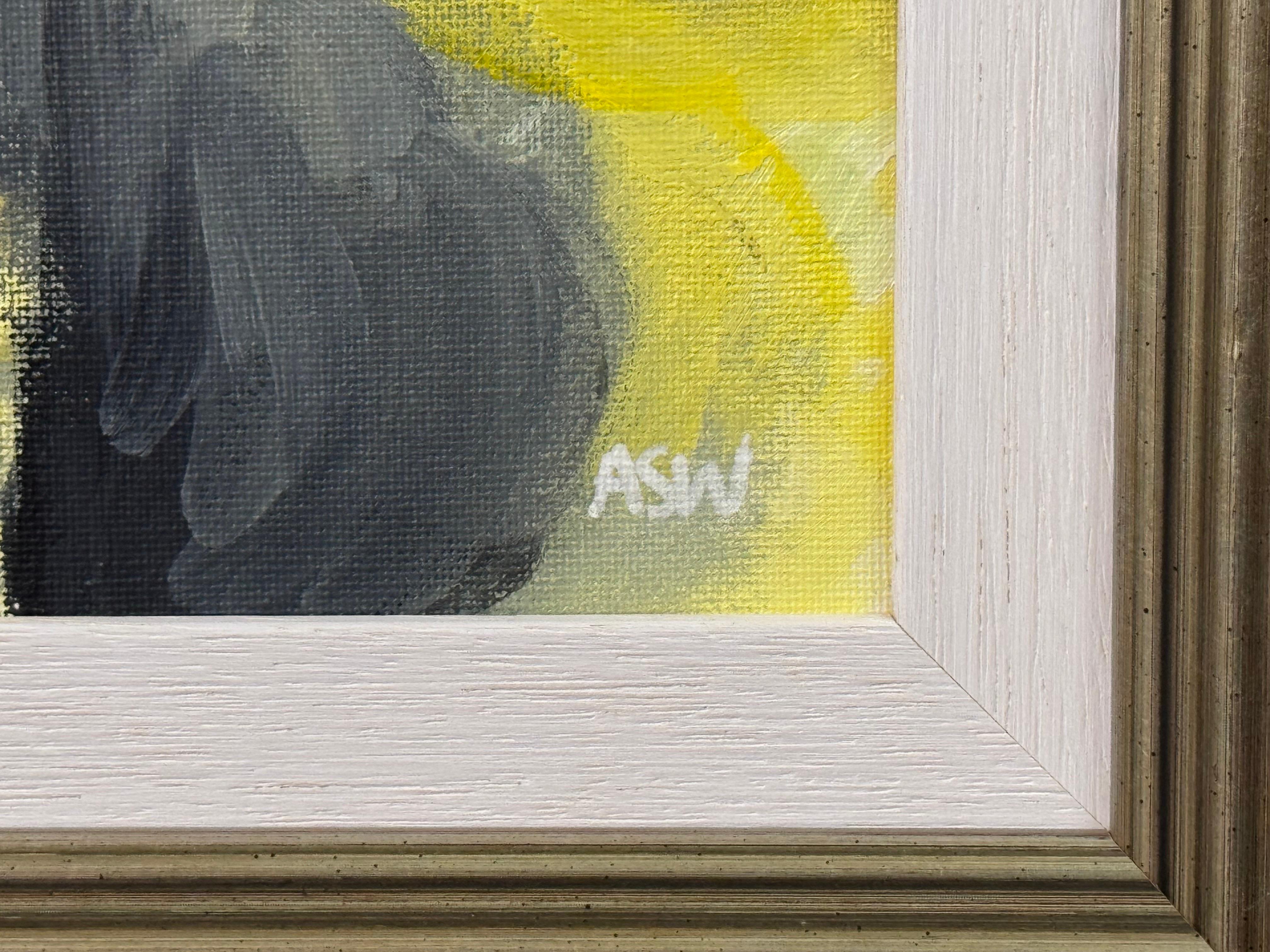 Arte Abstracto Dorado, Amarillo y Negro en Marco de Bronce por Artista Británico Contemporáneo en venta 11