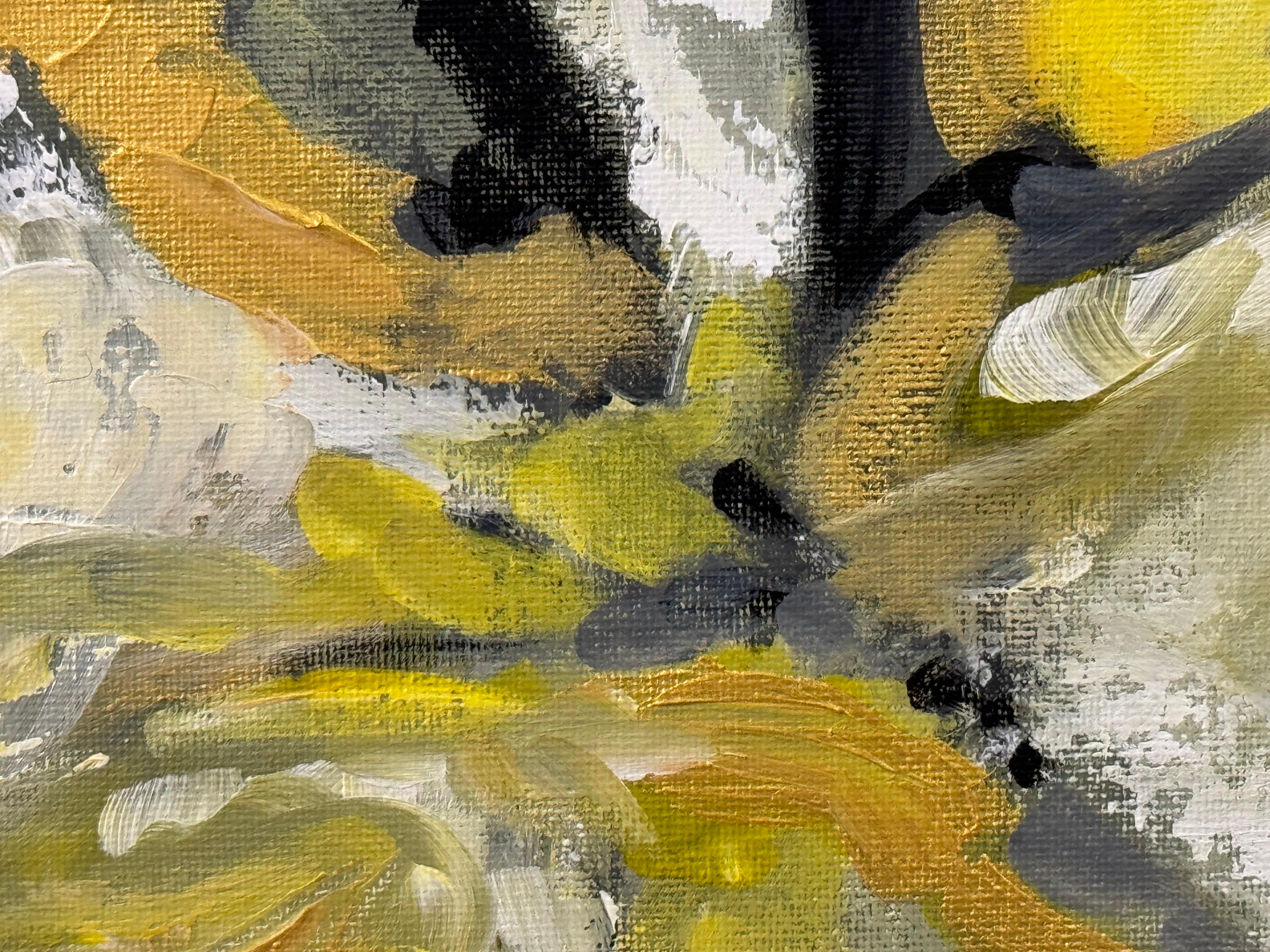 Arte Abstracto Dorado, Amarillo y Negro en Marco de Bronce por Artista Británico Contemporáneo en venta 12