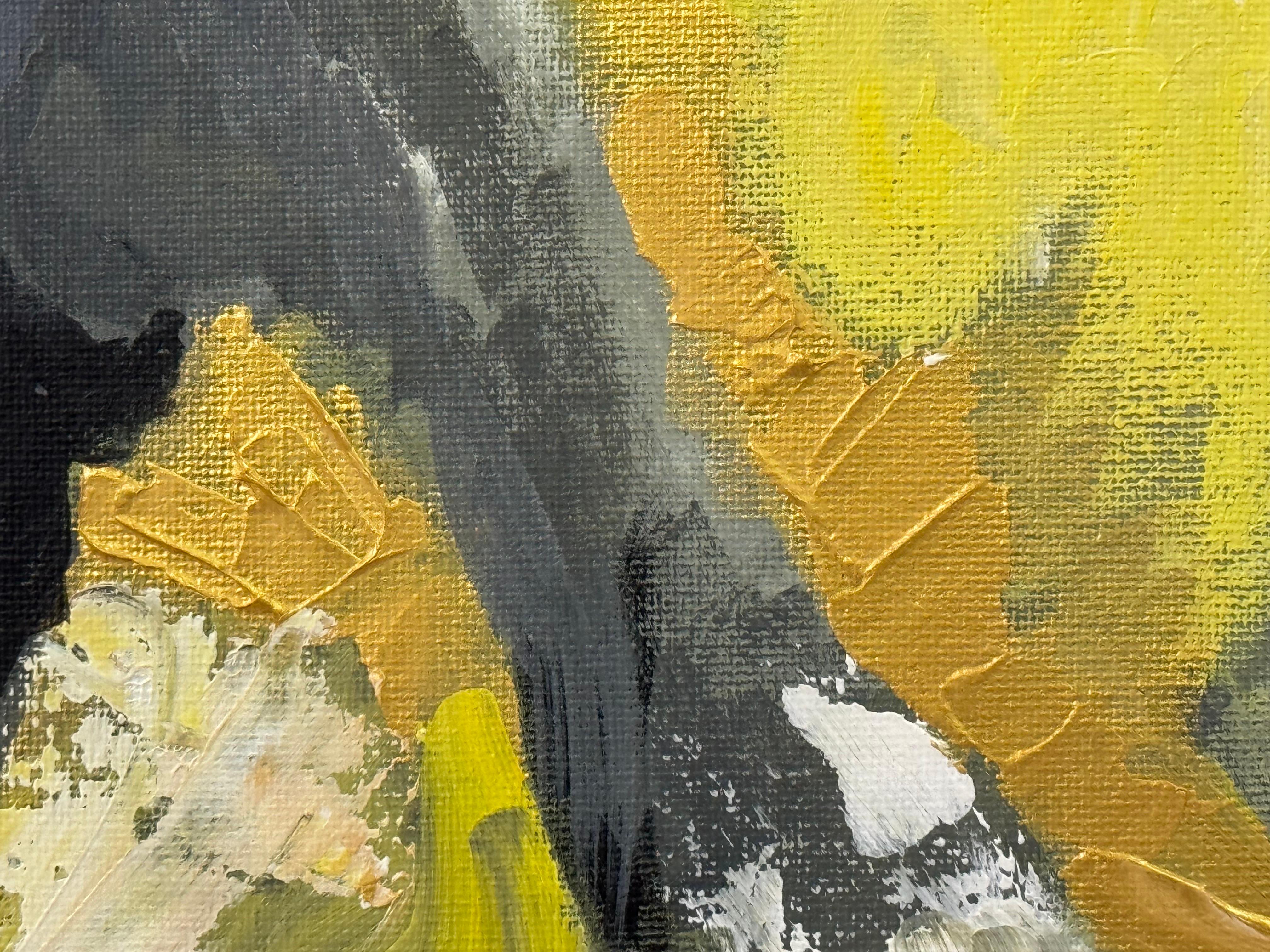 Arte Abstracto Dorado, Amarillo y Negro en Marco de Bronce por Artista Británico Contemporáneo en venta 13