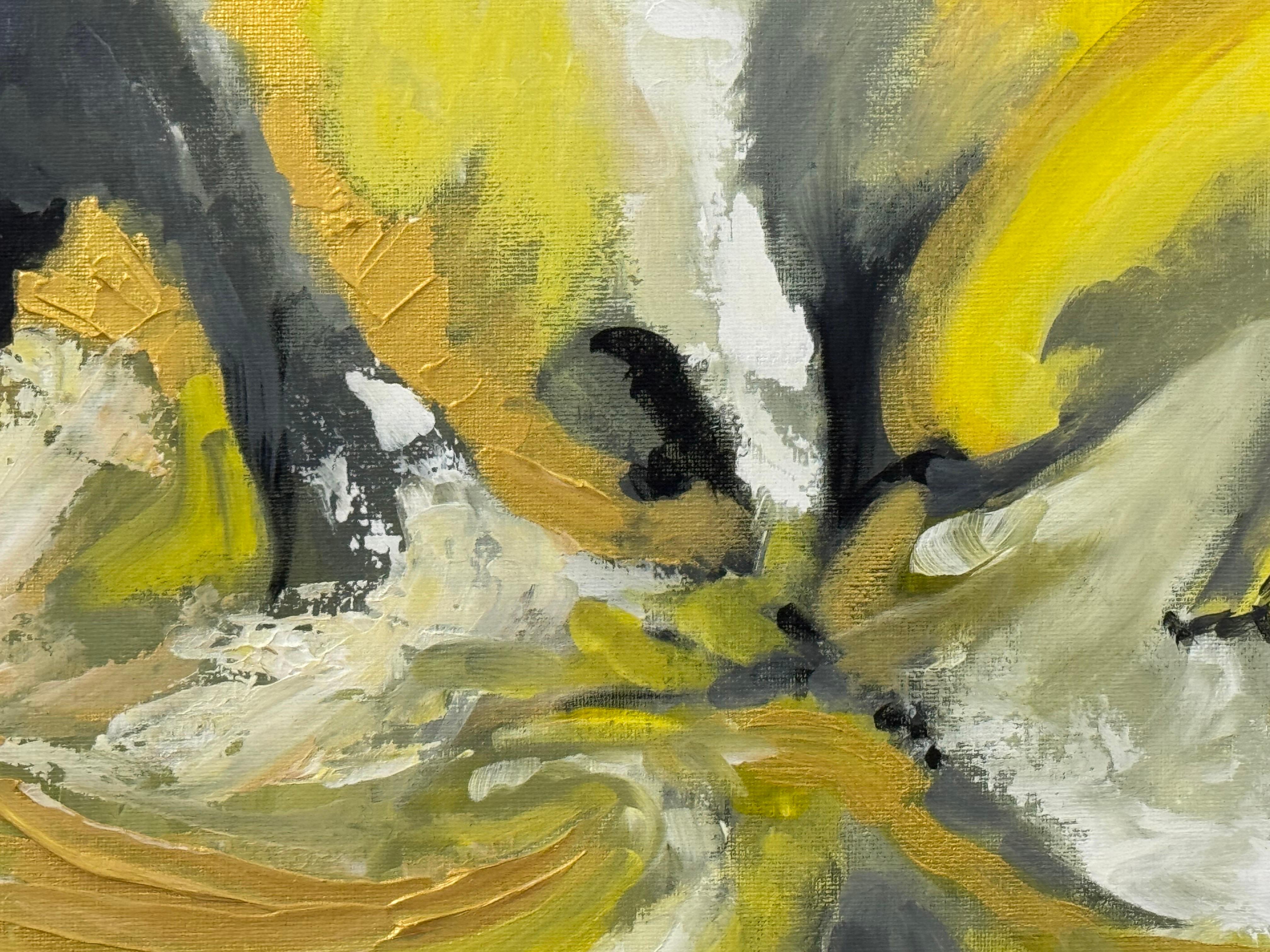 Arte Abstracto Dorado, Amarillo y Negro en Marco de Bronce por Artista Británico Contemporáneo en venta 2