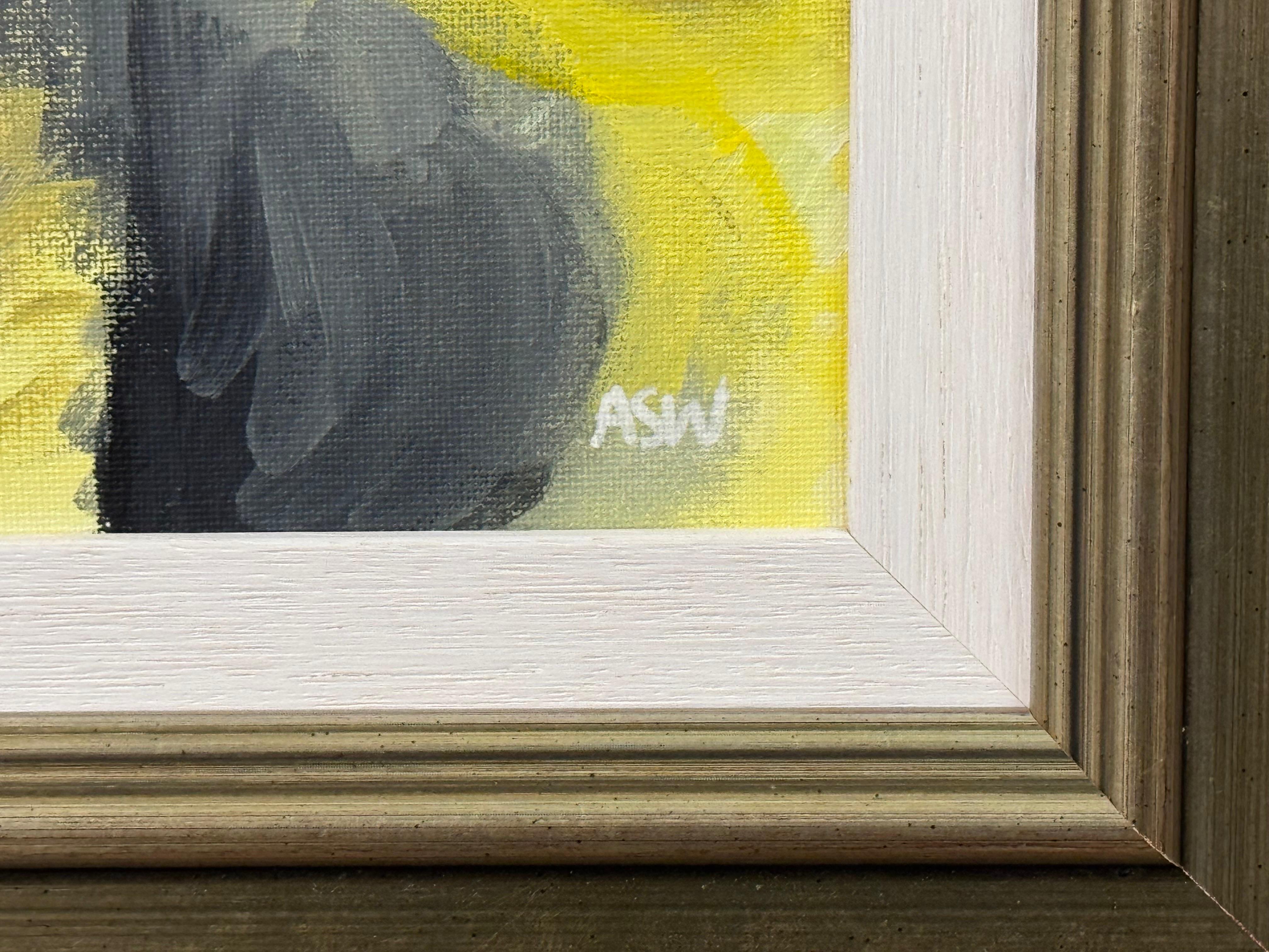 Arte Abstracto Dorado, Amarillo y Negro en Marco de Bronce por Artista Británico Contemporáneo en venta 3