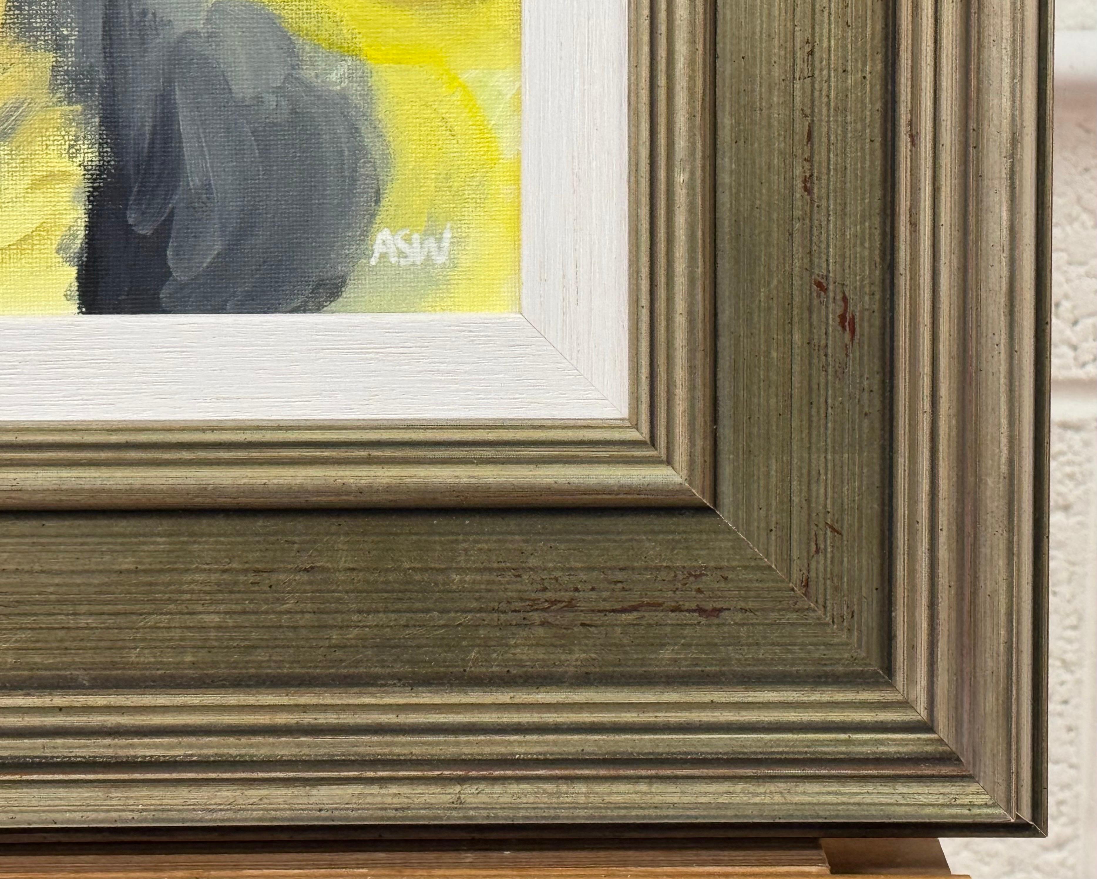 Arte Abstracto Dorado, Amarillo y Negro en Marco de Bronce por Artista Británico Contemporáneo en venta 4