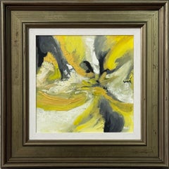 Arte astratta in oro, giallo e nero con cornice in bronzo di un artista britannico contemporaneo