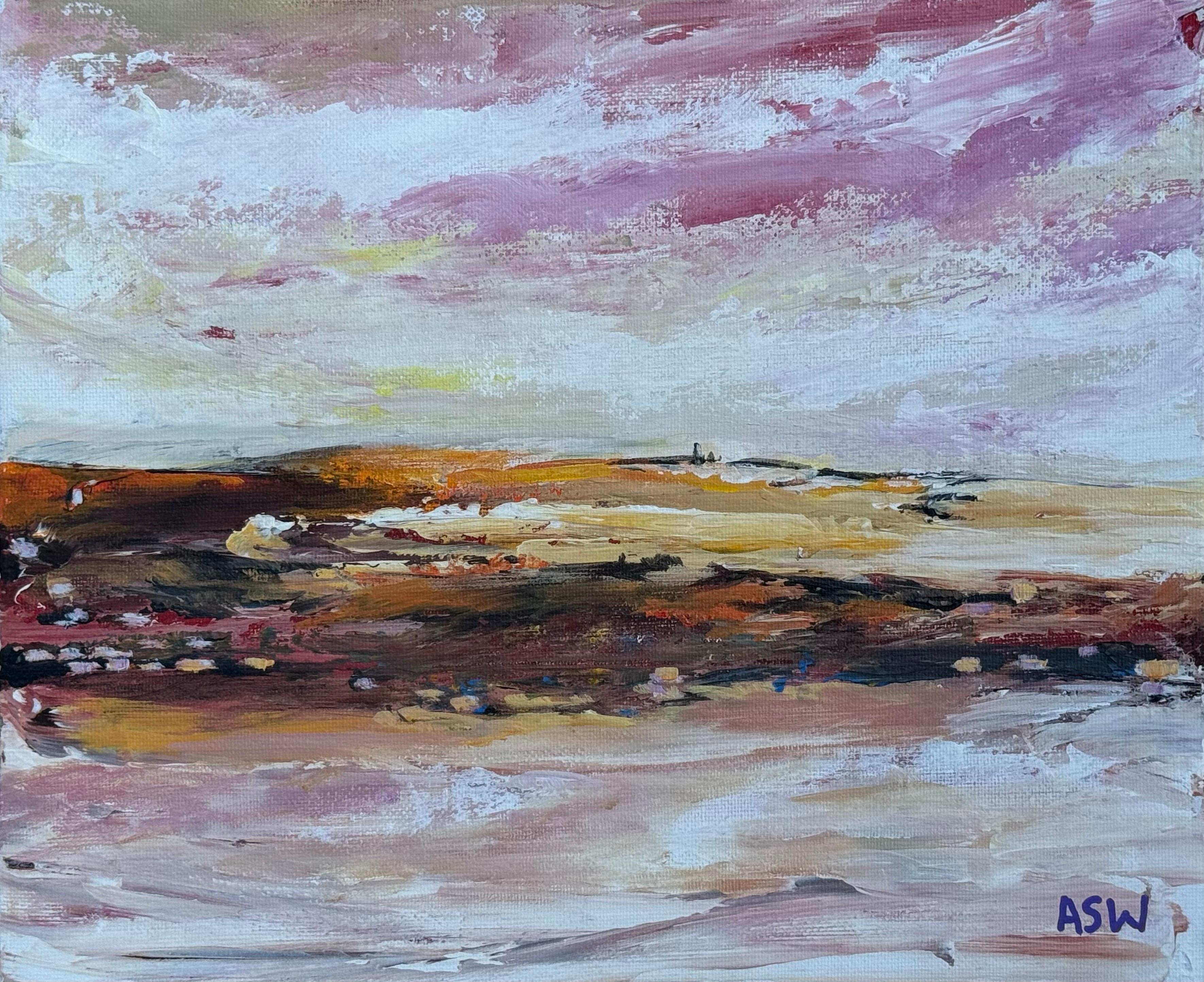Golden Dusk - Le calde tonalità della terra e il morbido cielo rosa evocano una serata serena. - Painting Contemporaneo di Angela Wakefield
