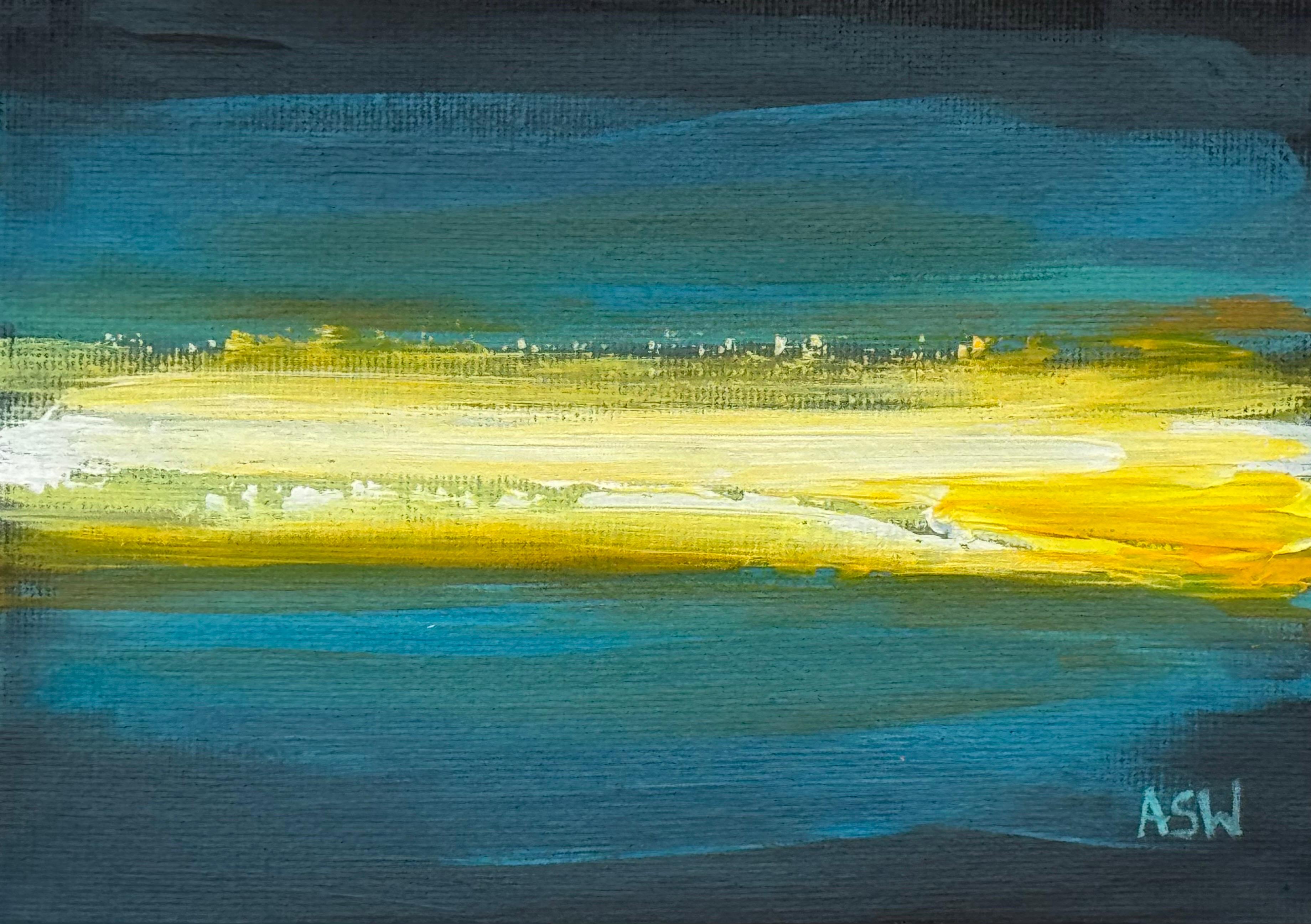 Horizonte Dorado - Estudio de Arte Paisaje Abstracto en Miniatura por Artista Contemporáneo en venta 2