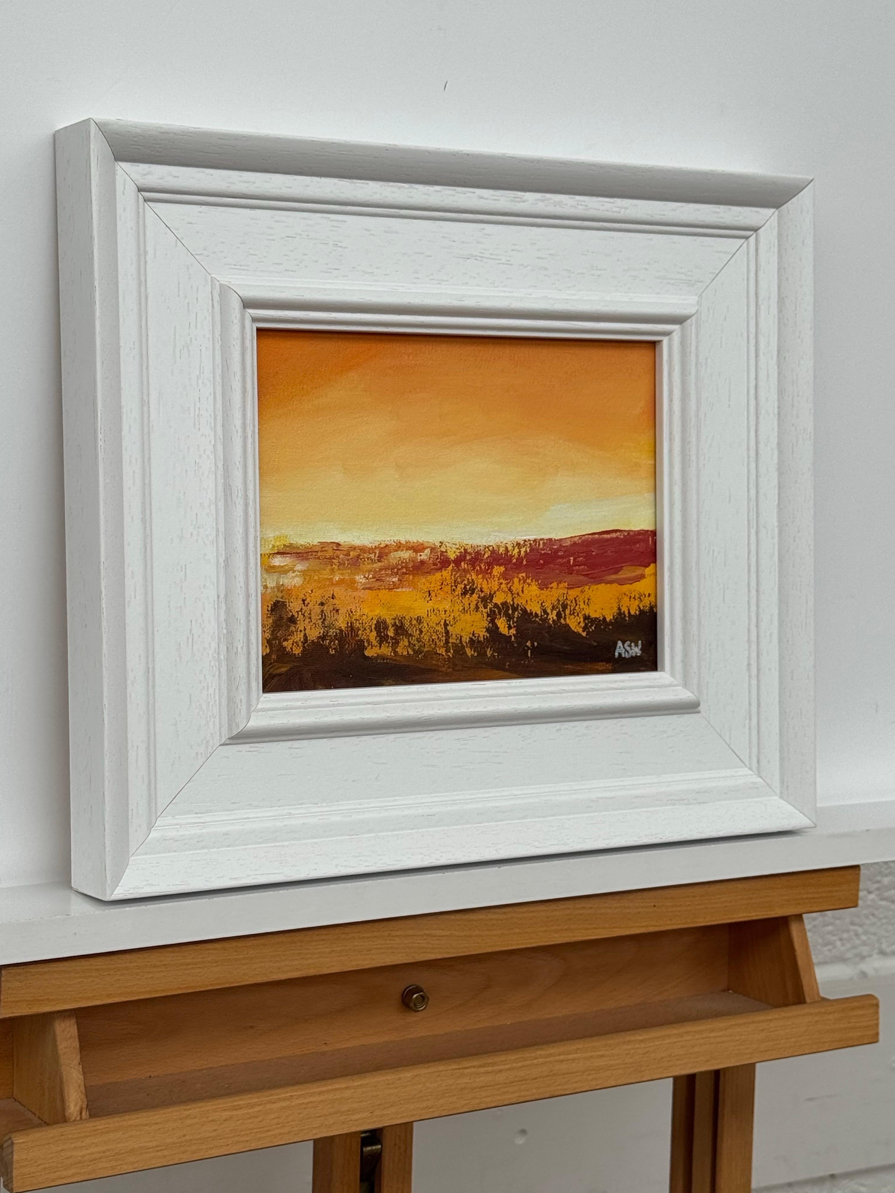 Golden Hour - Miniature Abstract Landscape Art by Contemporary British Artist - Painting by Angela Wakefield