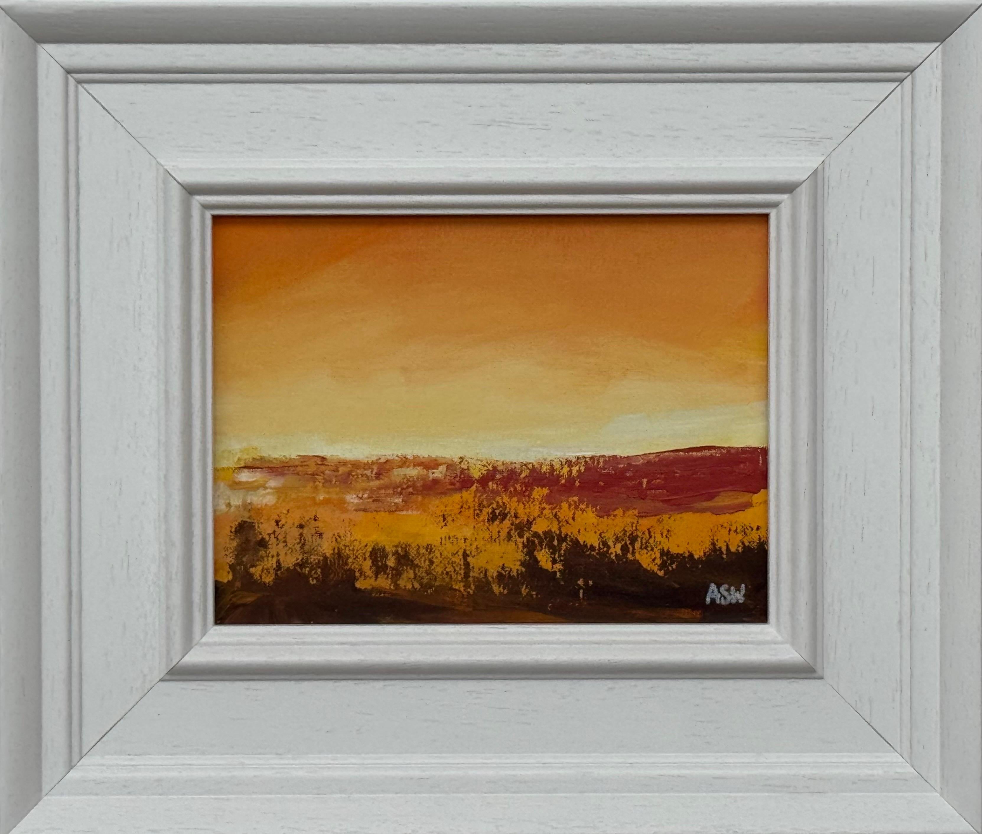 Angela Wakefield Landscape Painting - Golden Hour - Miniature Abstract Landscape Art by Contemporary British Artist