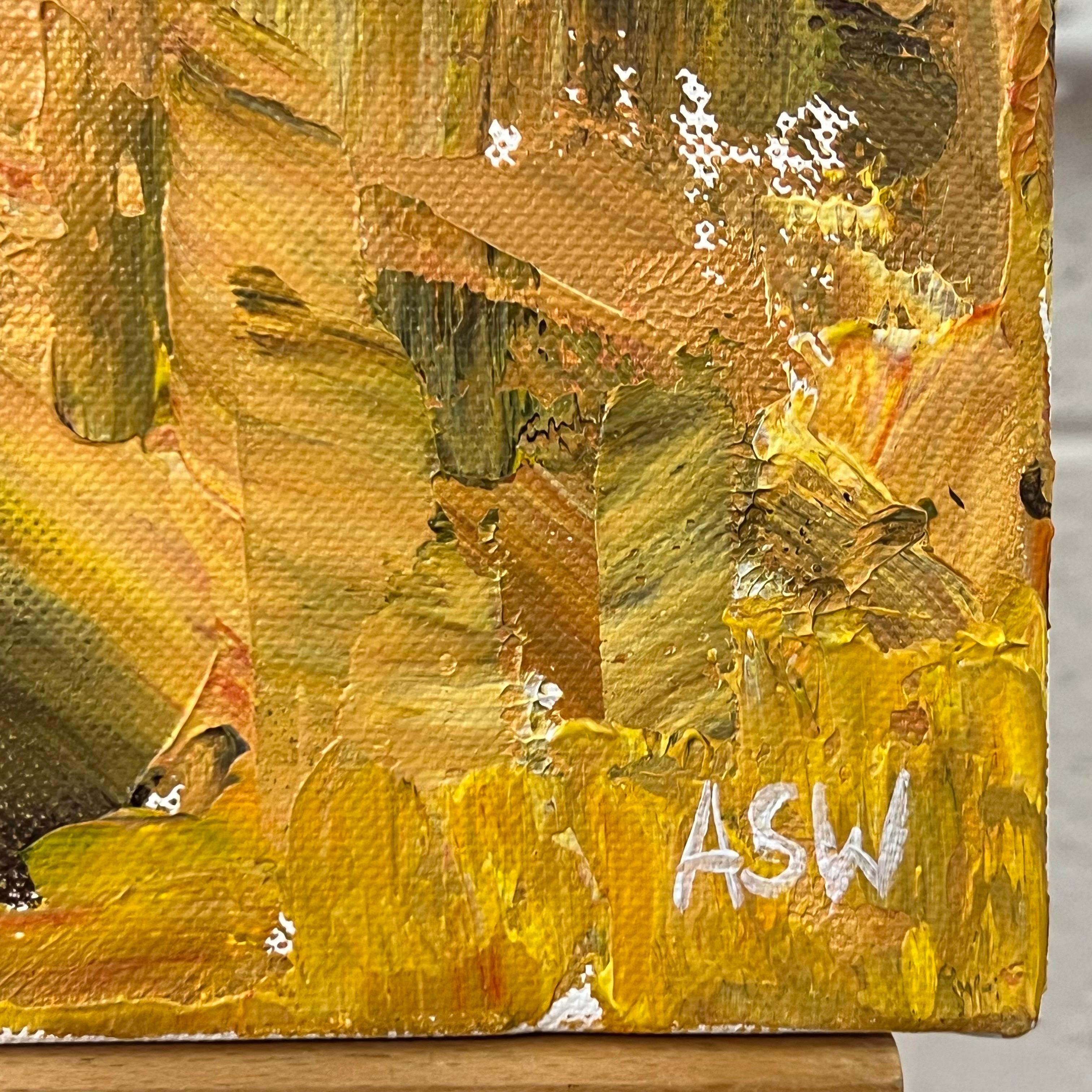 Golden Yellow Abstract Landscape Painting of Los Angeles by Contemporary British Artist, Angela Wakefield. This unique original is a highly textured expressive interpretation of the City of Angels using a palette knife, reminiscent of her early