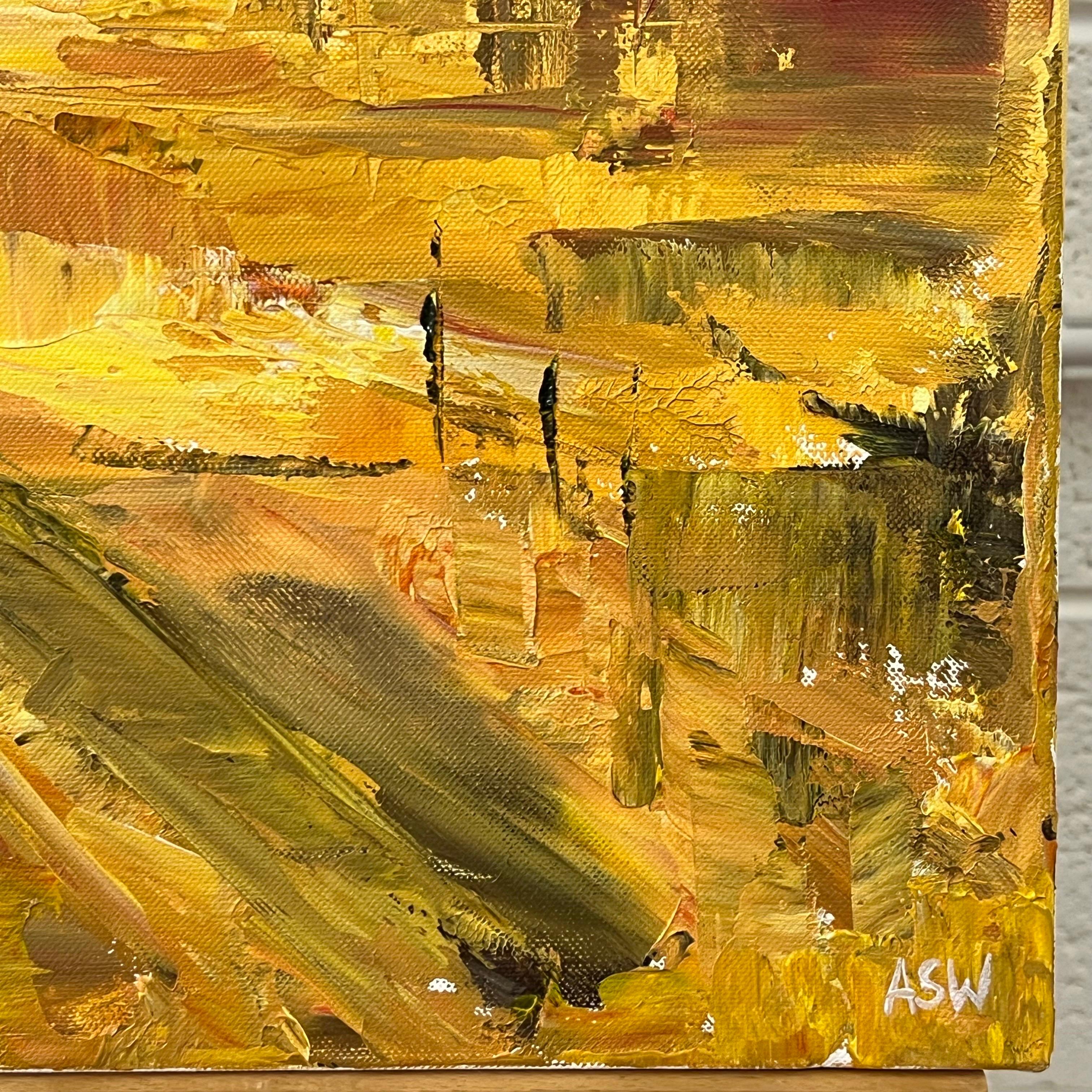 Peinture de paysage abstrait jaune doré de Los Angeles par l'artiste britannique contemporaine Angela Wakefield. Cet original unique est une interprétation expressive très texturée de la Cité des Anges à l'aide d'un couteau à palette, qui rappelle