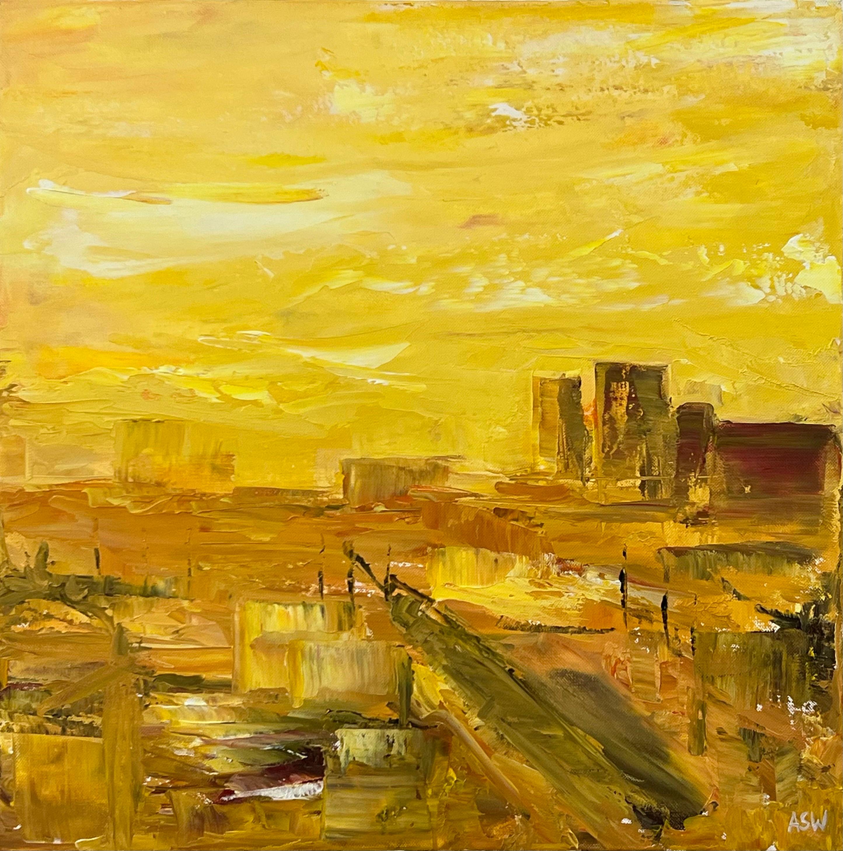 Angela Wakefield Abstract Painting - Golden Yellow Abstract Landscape Painting of Los Angeles by Contemporary Artist