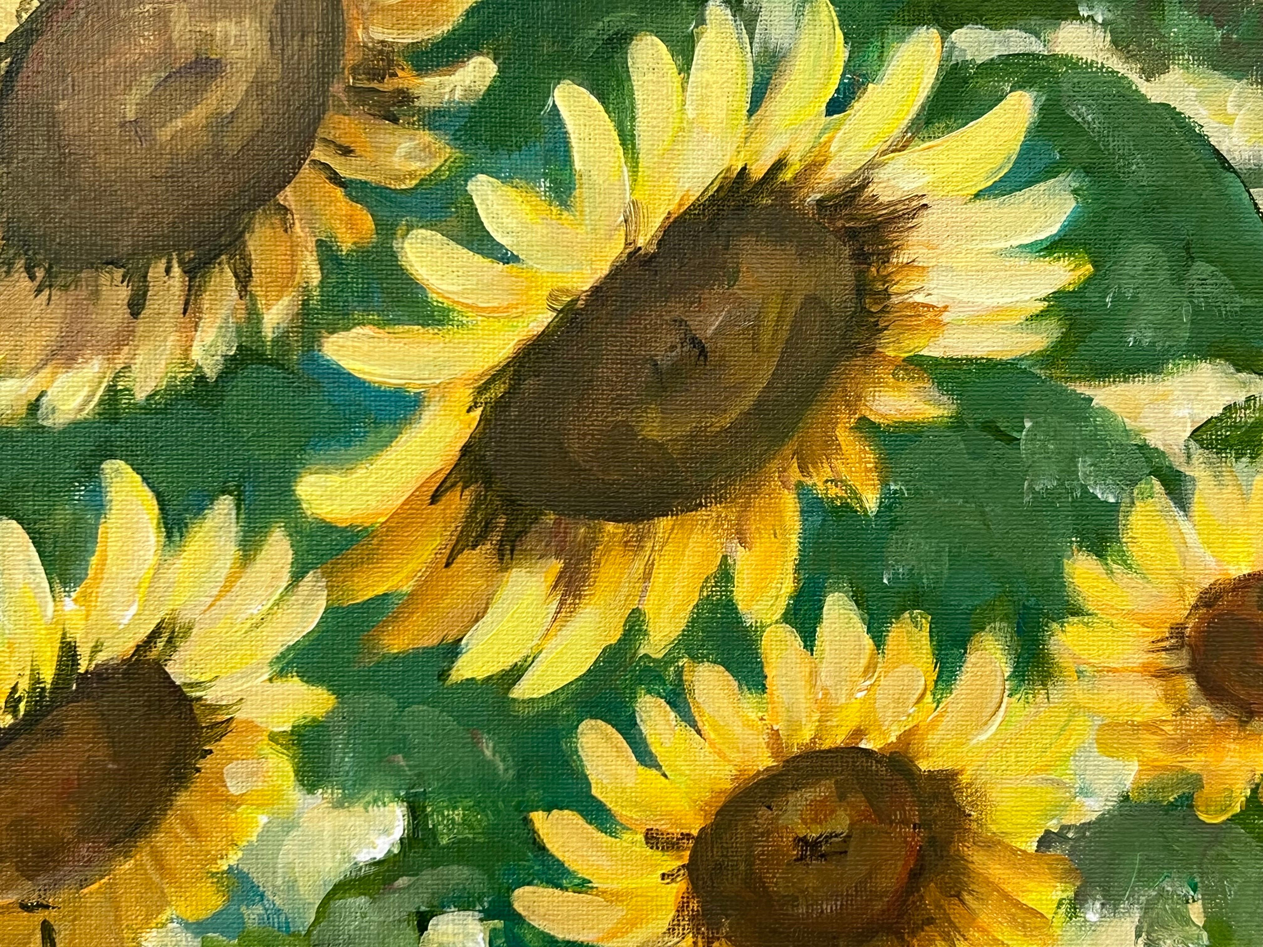 Golden Yellow Sunflowers Study on Green Background by Contemporary Artist For Sale 7