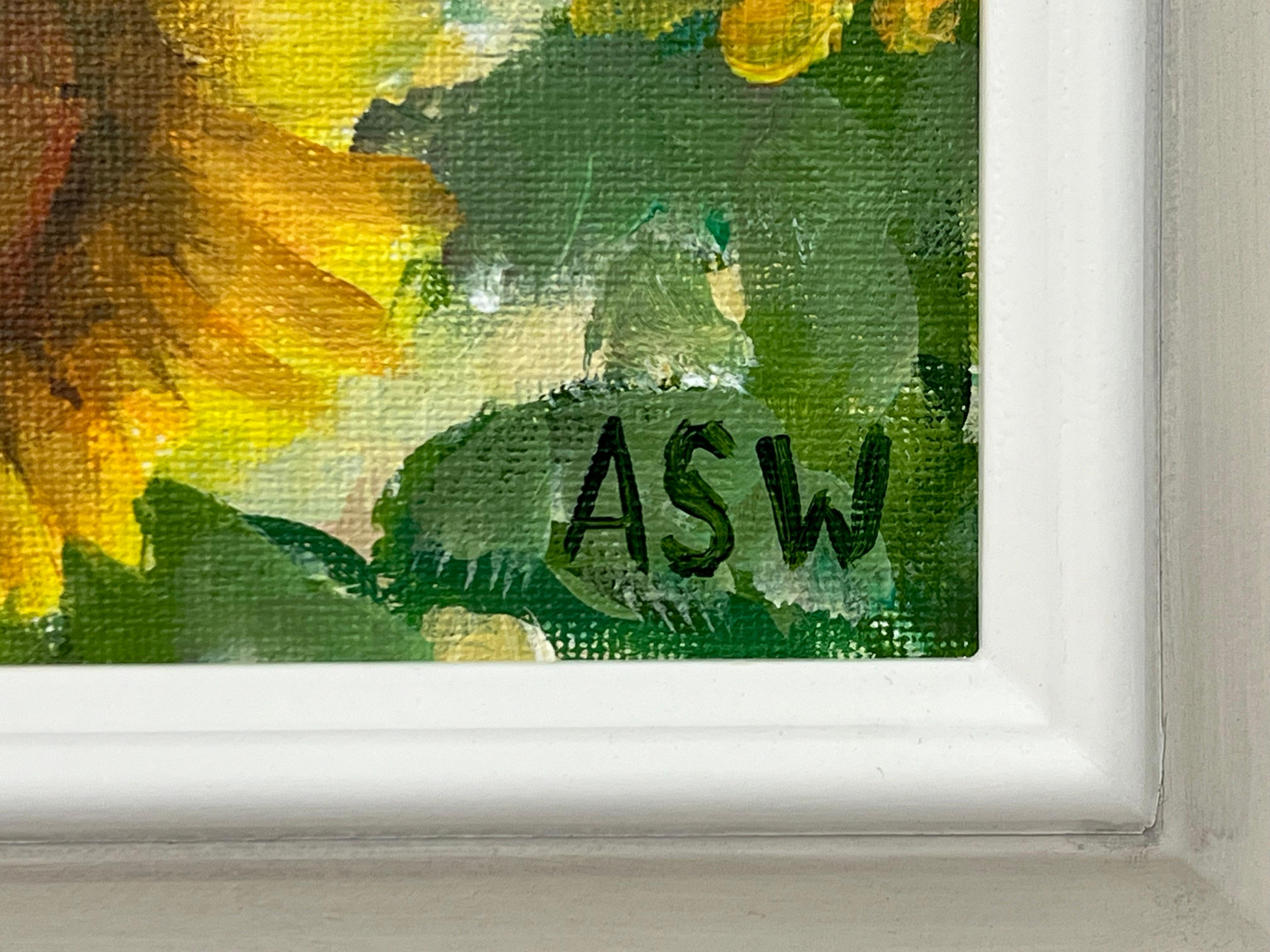 Goldgelbe Sonnenblumen Studie auf grünem Hintergrund von Contemporary Artist im Angebot 8