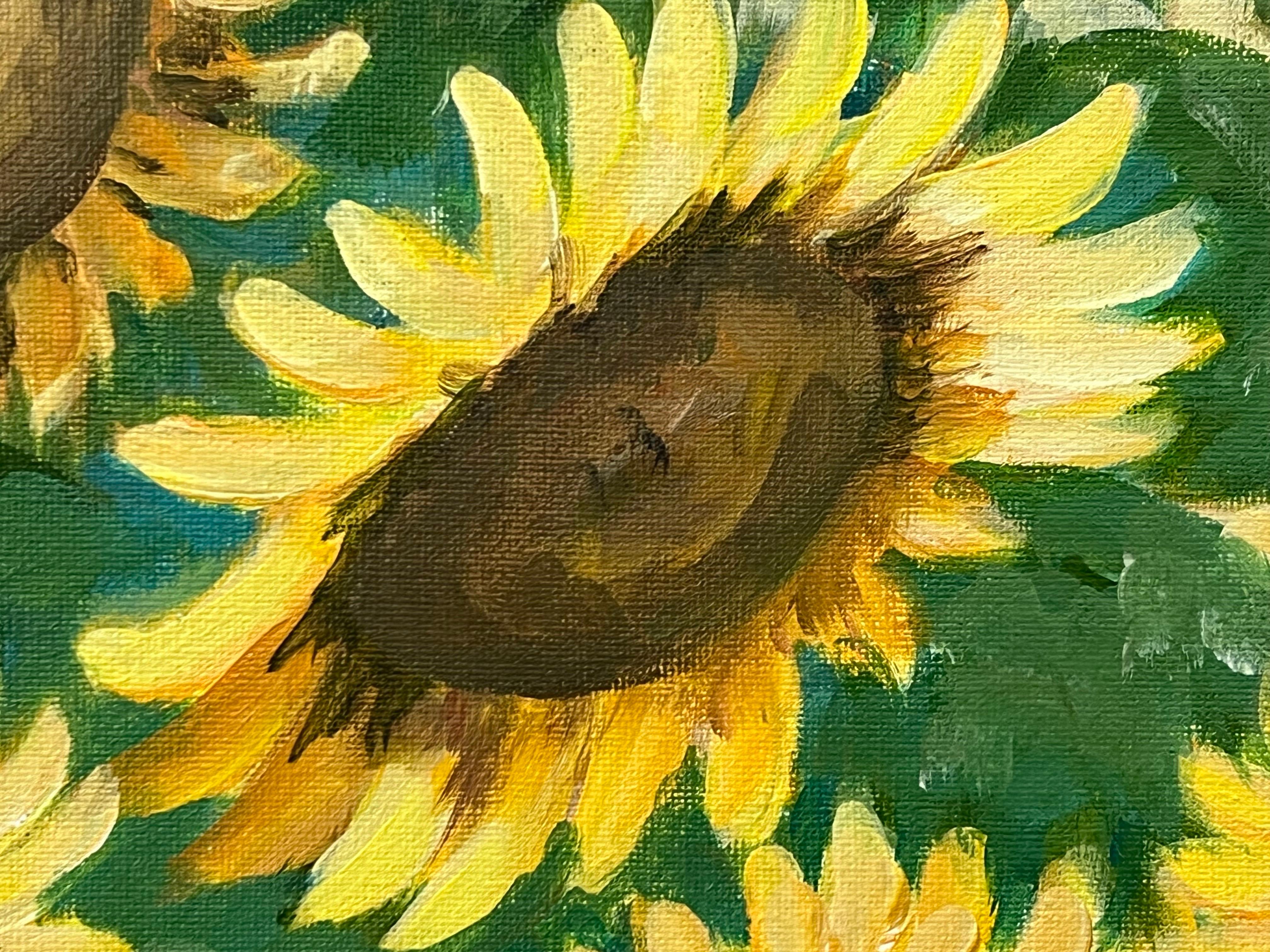 Golden Yellow Sunflowers Study on Green Background by Contemporary Artist For Sale 10