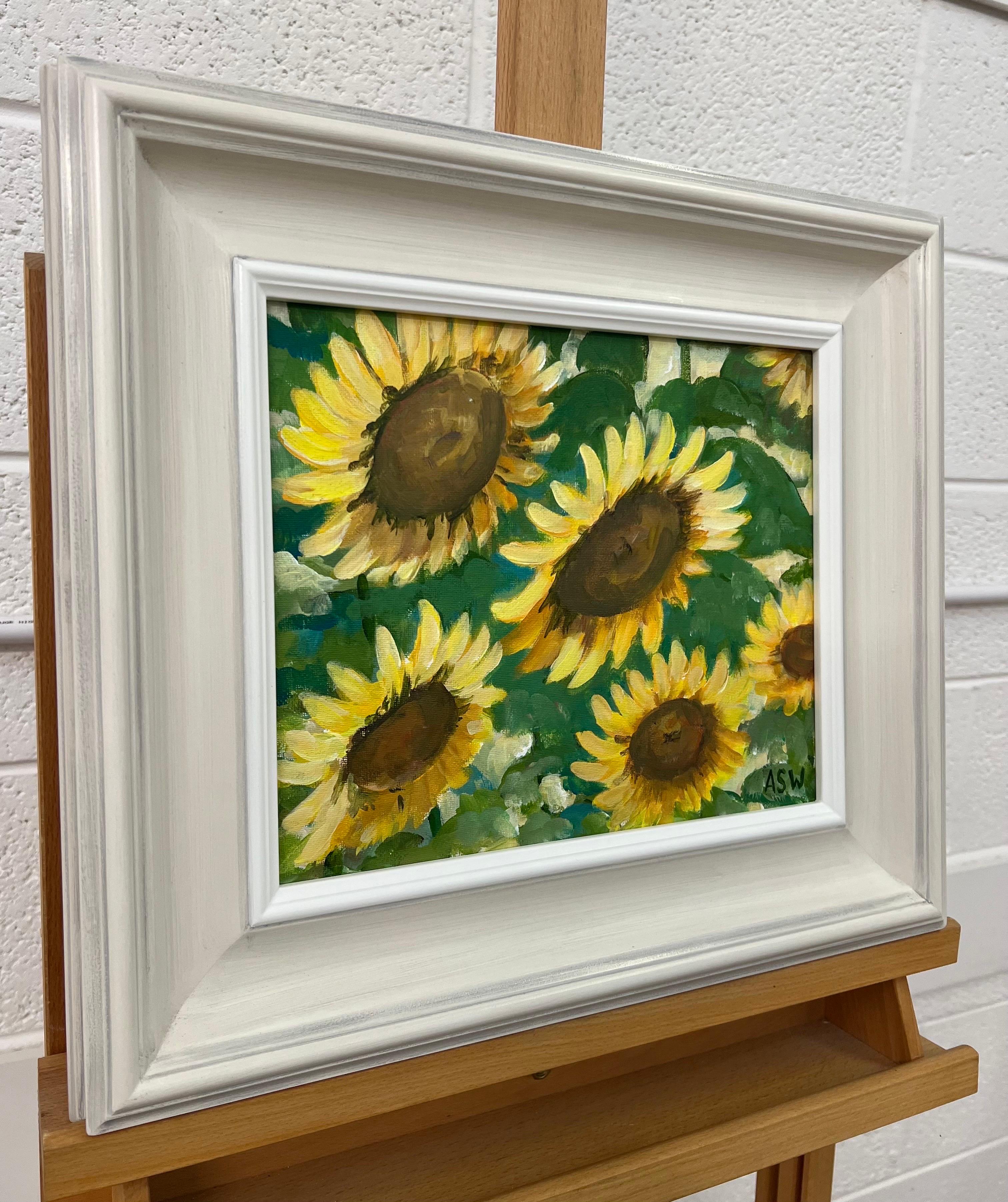 Golden Yellow Sunflowers Study on Green Background by Contemporary Artist - Painting by Angela Wakefield