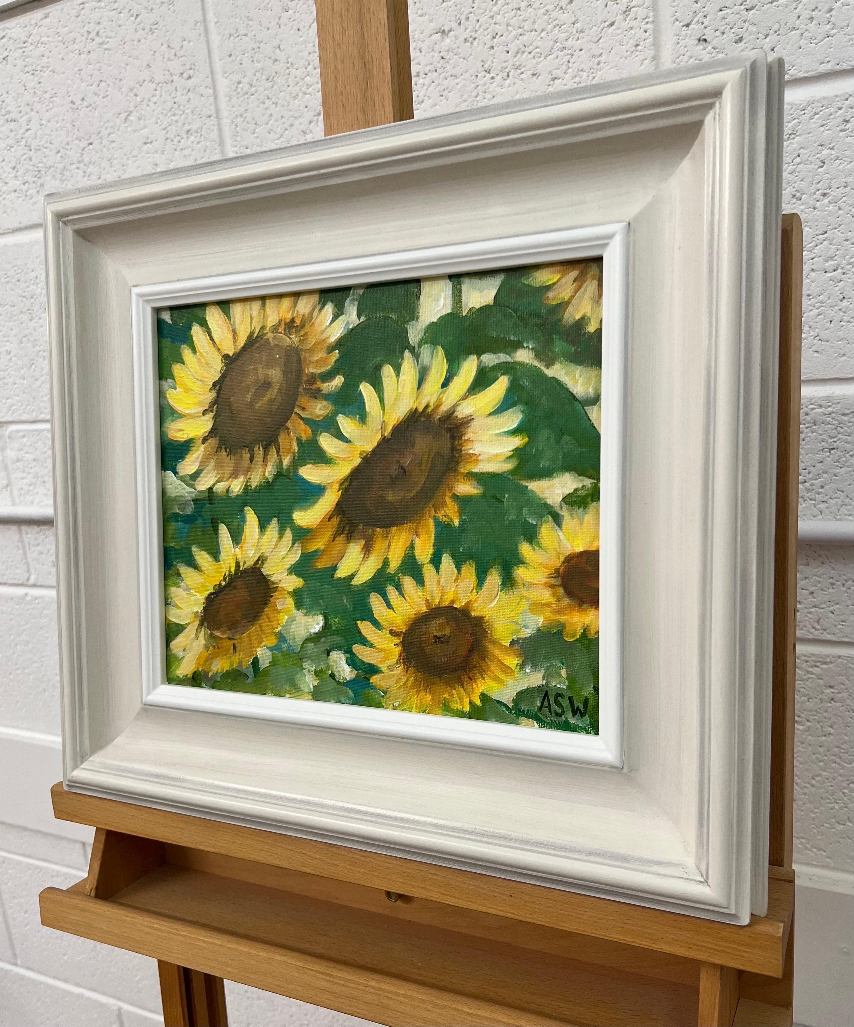 Golden Yellow Sunflowers Study on Green Background by Contemporary Artist For Sale 1