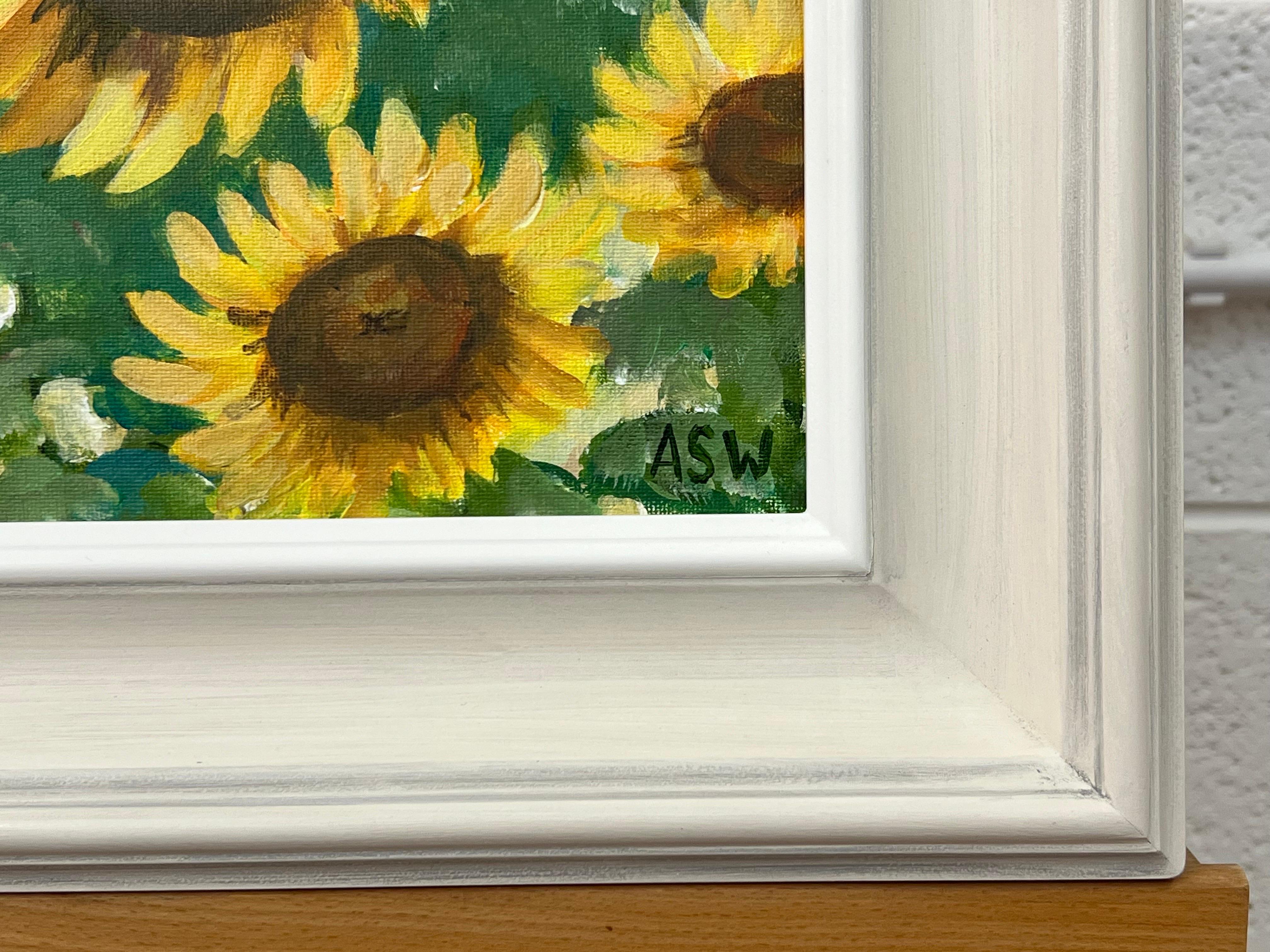 Golden Yellow Sunflowers Study on Green Background by Contemporary Artist For Sale 2