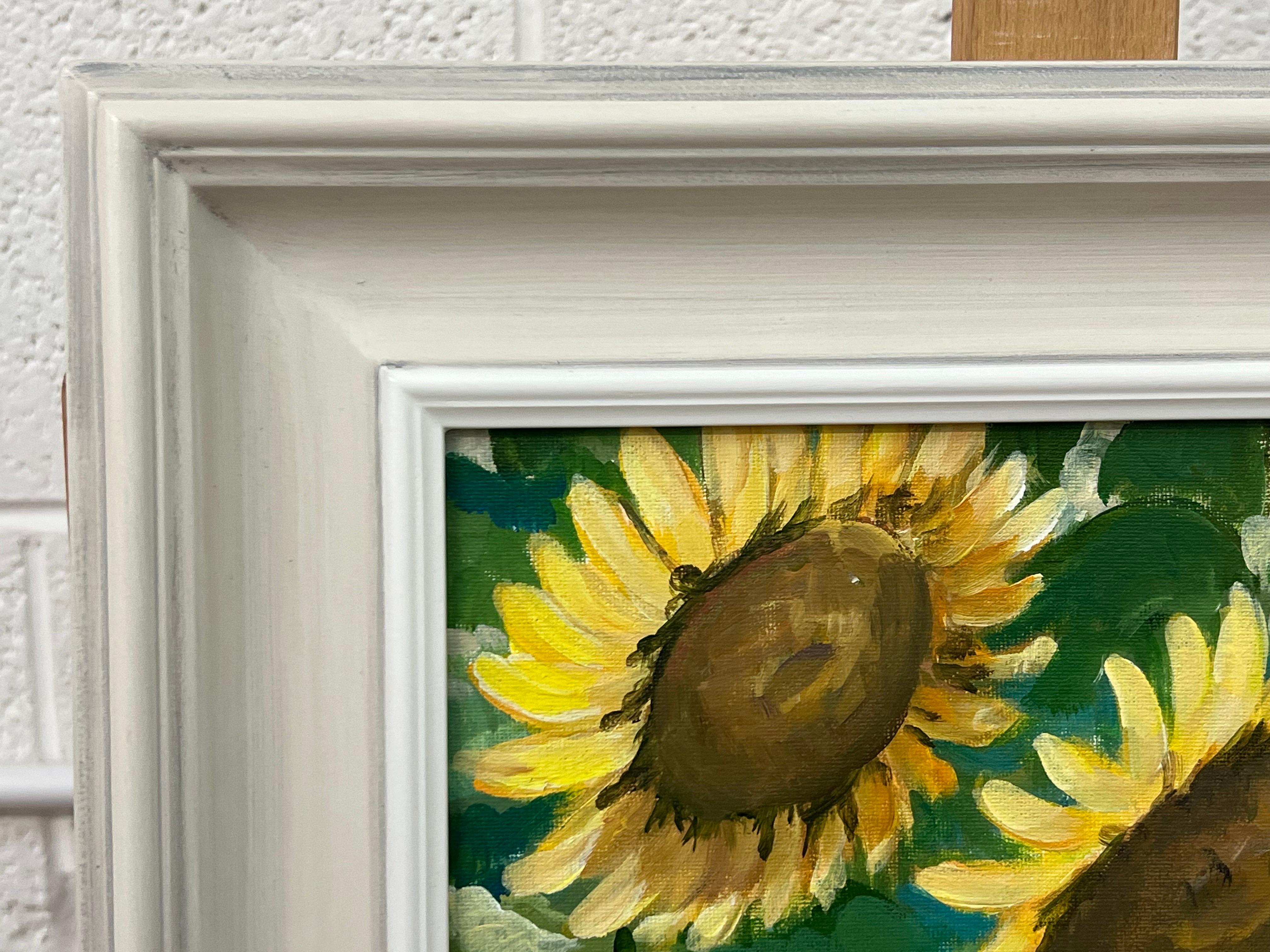 Golden Yellow Sunflowers Study on Green Background by Contemporary Artist For Sale 3