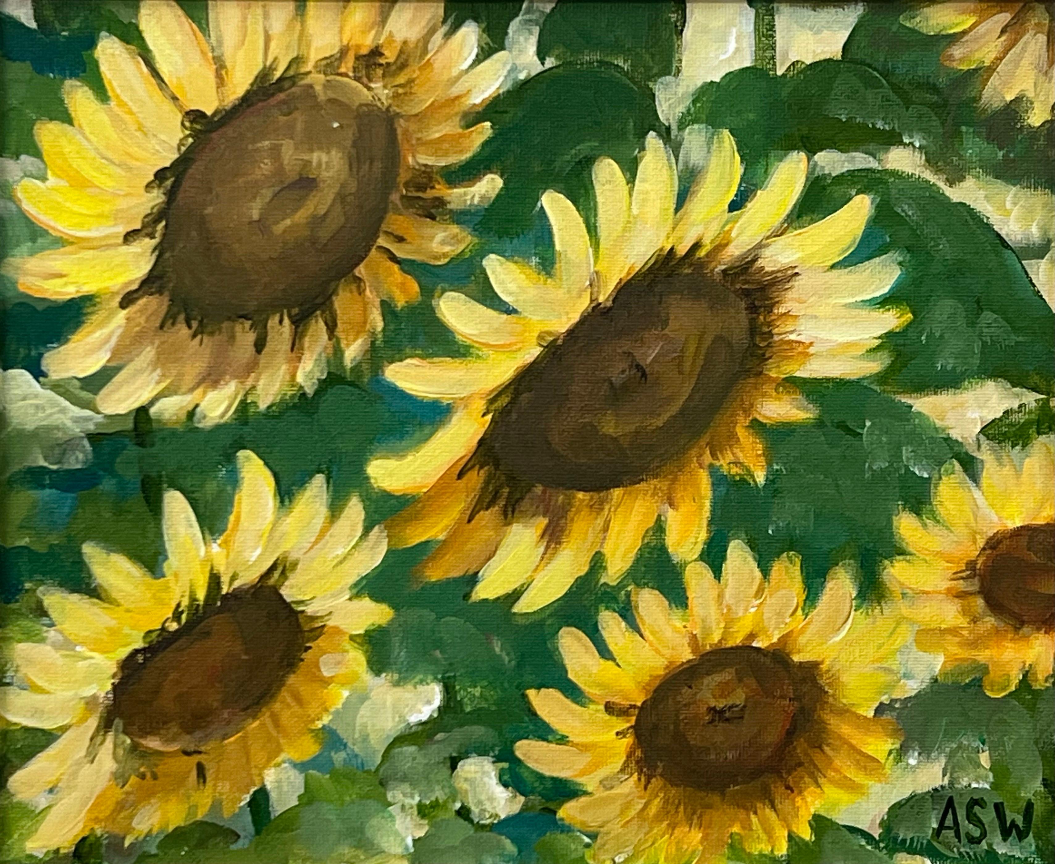 Golden Yellow Sunflowers Study on Green Background by Contemporary Artist For Sale 6