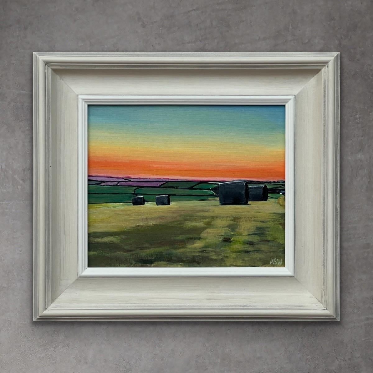 Hay Bales in Devon at Summer Sunset in the English Countryside by British Artist For Sale 6