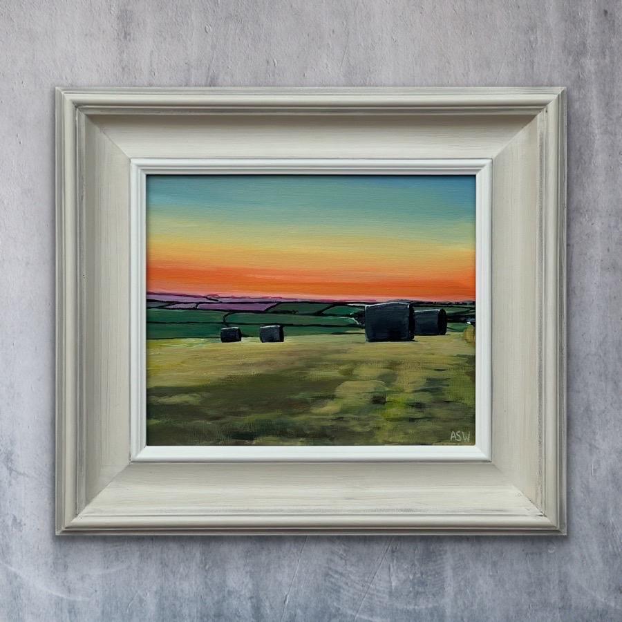 Hay Bales in Devon at Summer Sunset in the English Countryside by British Artist For Sale 7
