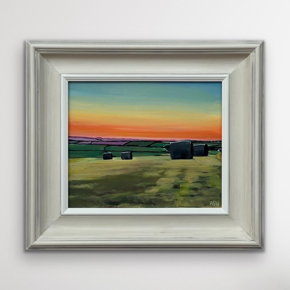 Hay Bales in Devon at Summer Sunset in the English Countryside by British Artist For Sale 8