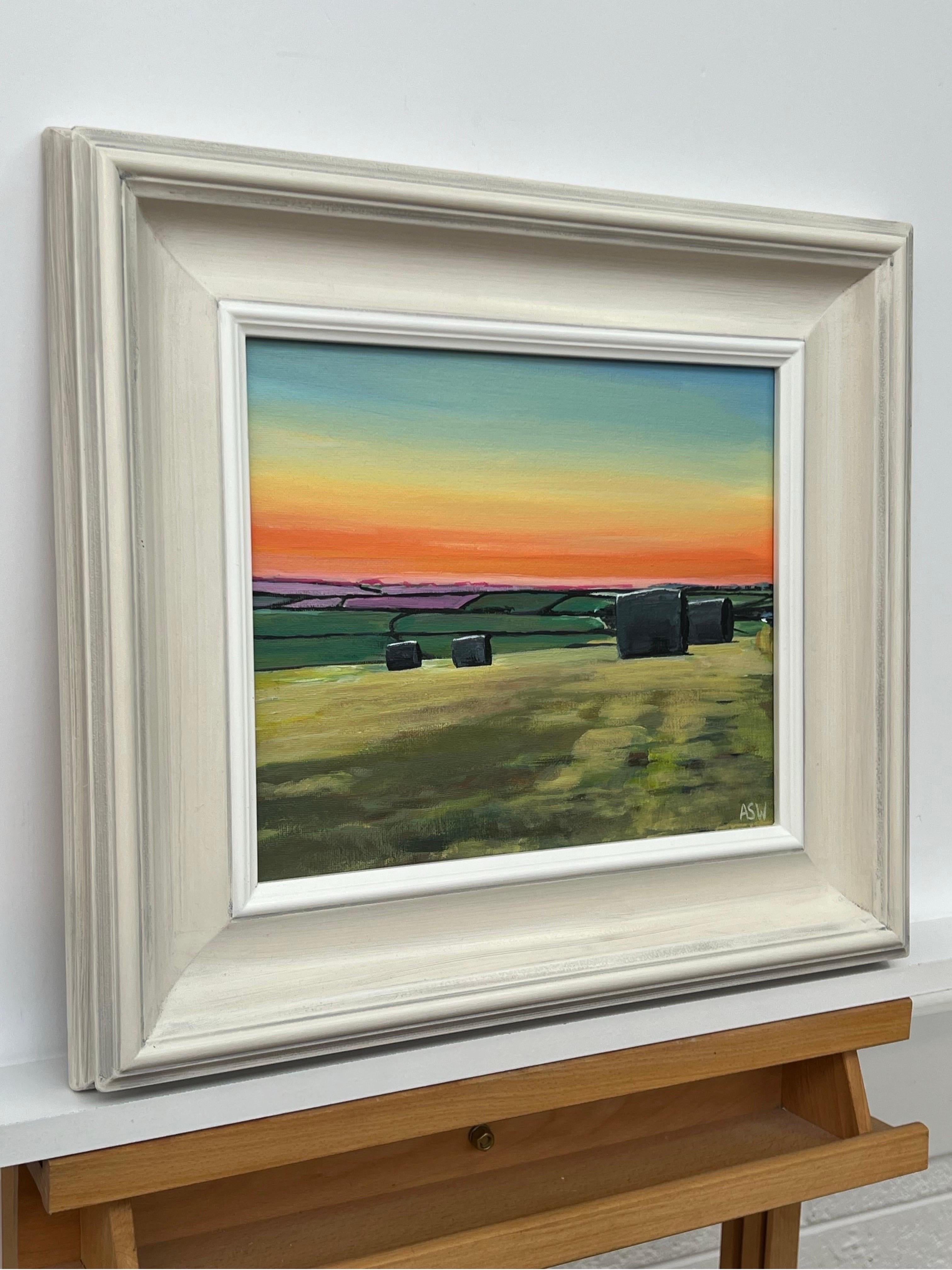 Hay Bales in Devon at Summer Sunset in the English Countryside by British Artist - Painting by Angela Wakefield