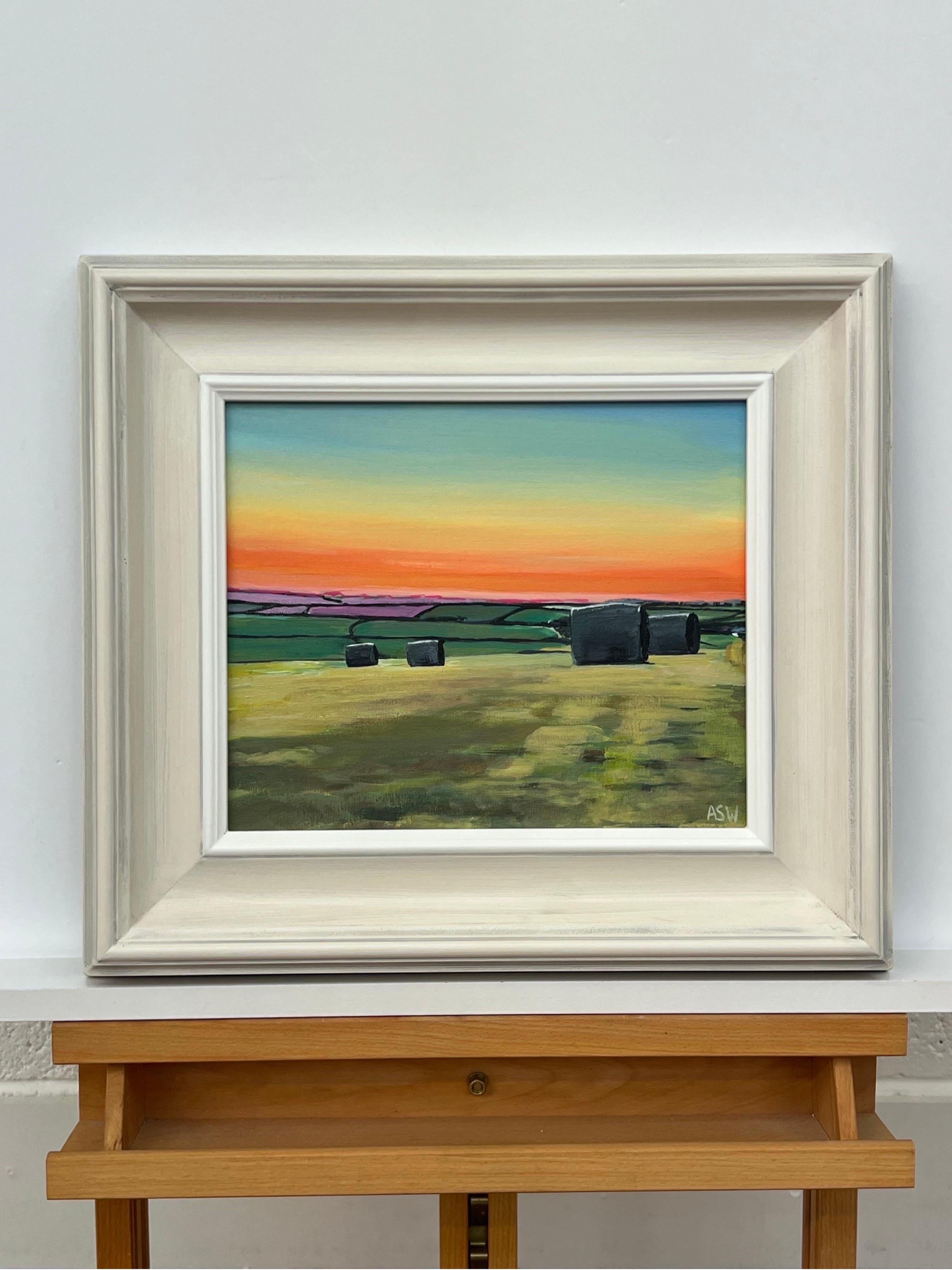 Hay Bales in Devon at Summer Sunset in the English Countryside by British Artist - Contemporary Painting by Angela Wakefield