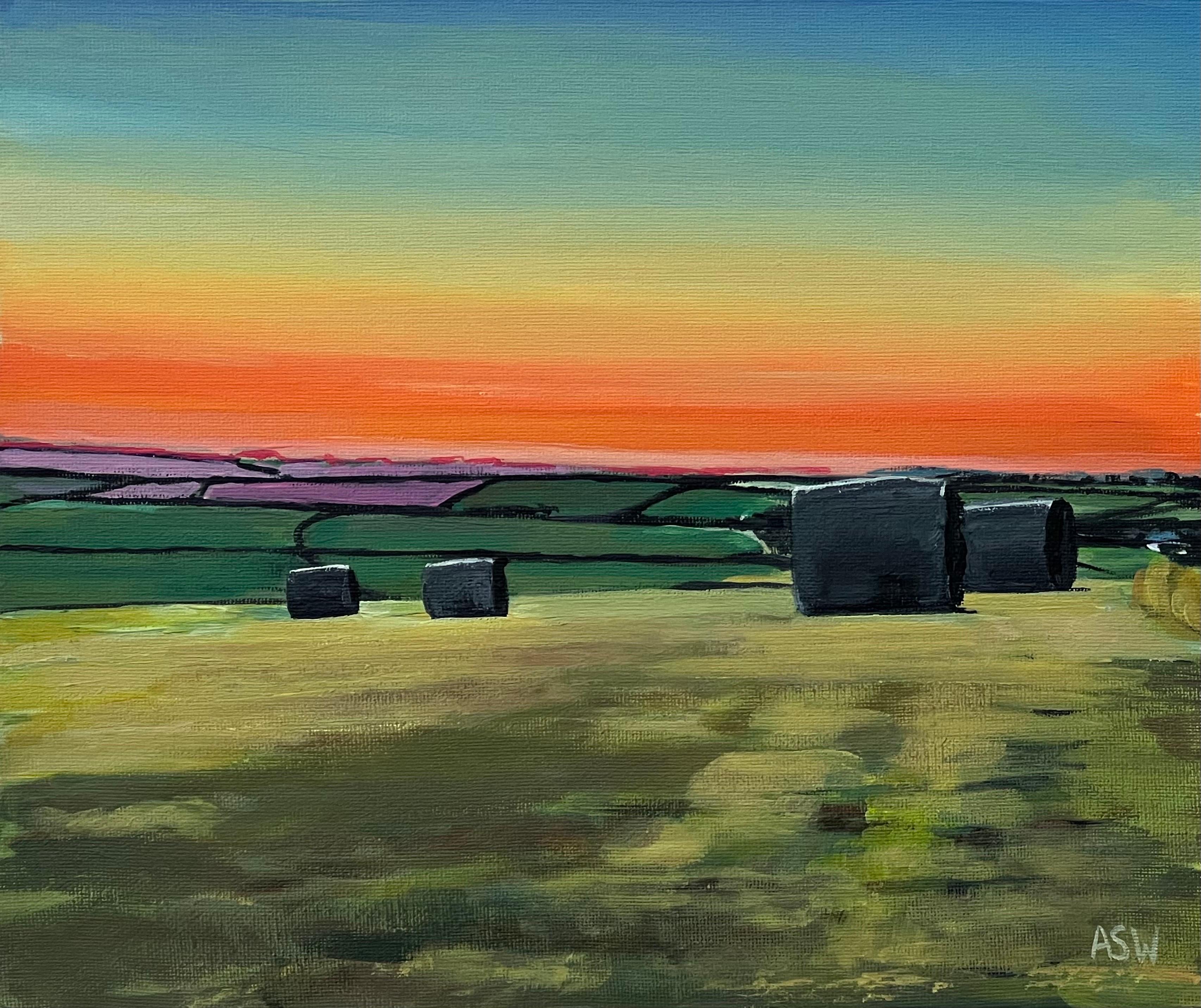 Hay Bales in Devon at Summer Sunset in the English Countryside by British Artist For Sale 1