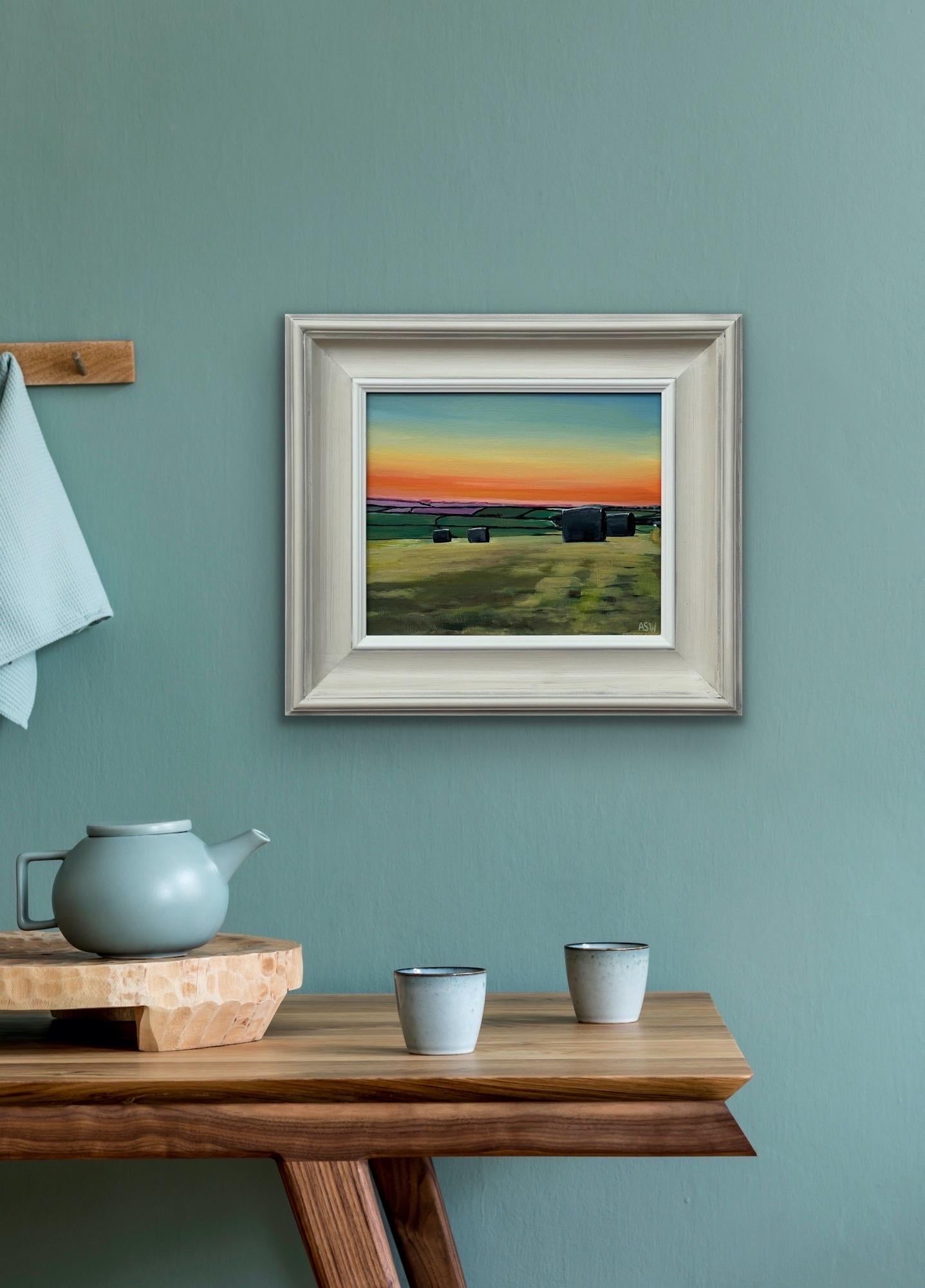 Hay Bales in Devon at Summer Sunset in the English Countryside by British Artist For Sale 3