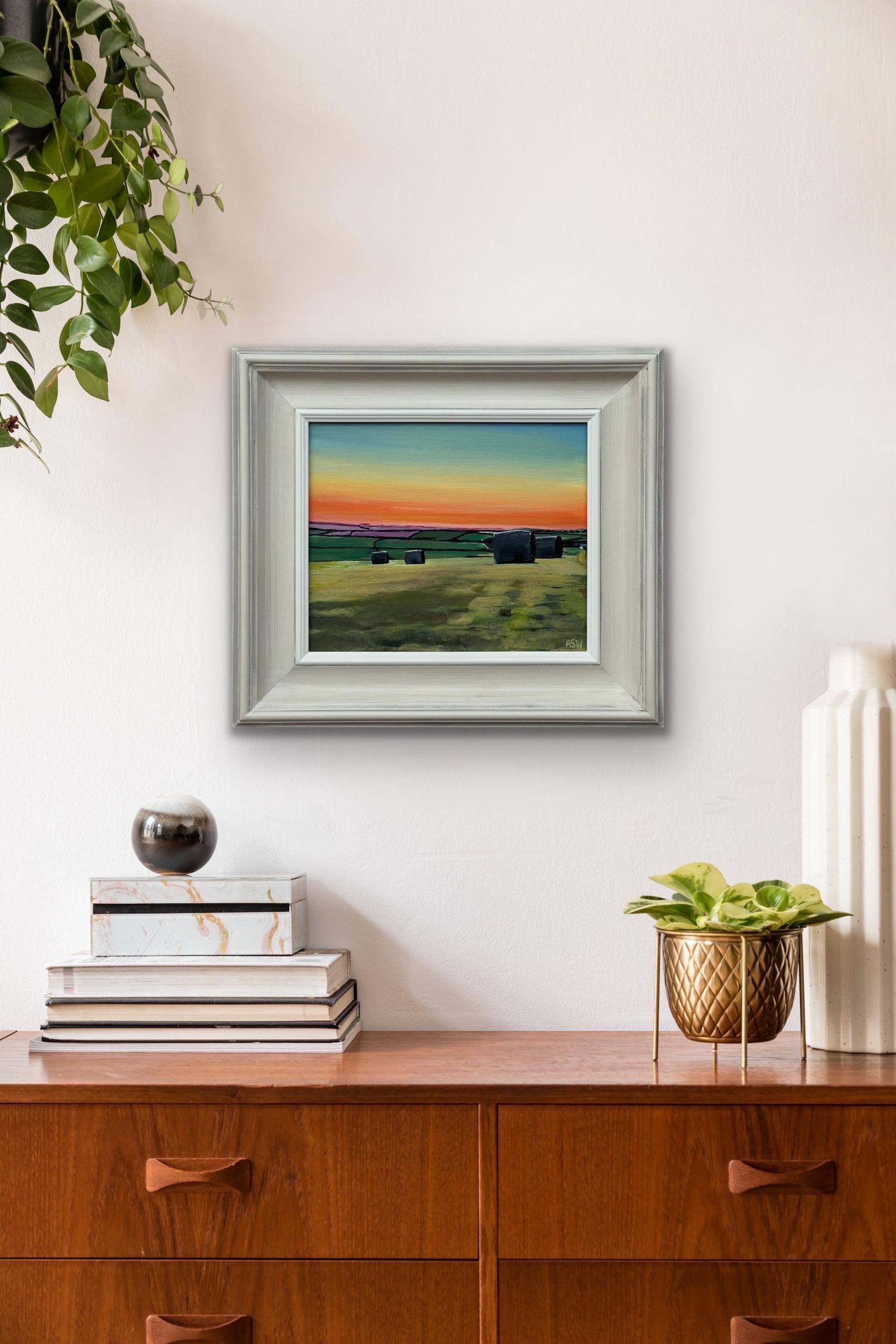 Hay Bales in Devon at Summer Sunset in the English Countryside by British Artist For Sale 4