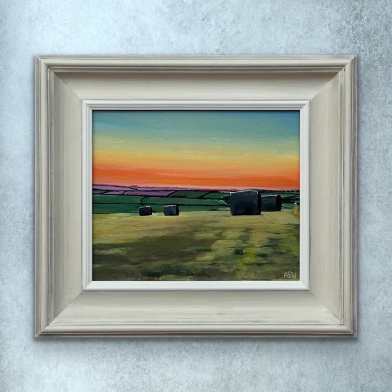 Hay Bales in Devon at Summer Sunset in the English Countryside by British Artist For Sale 5