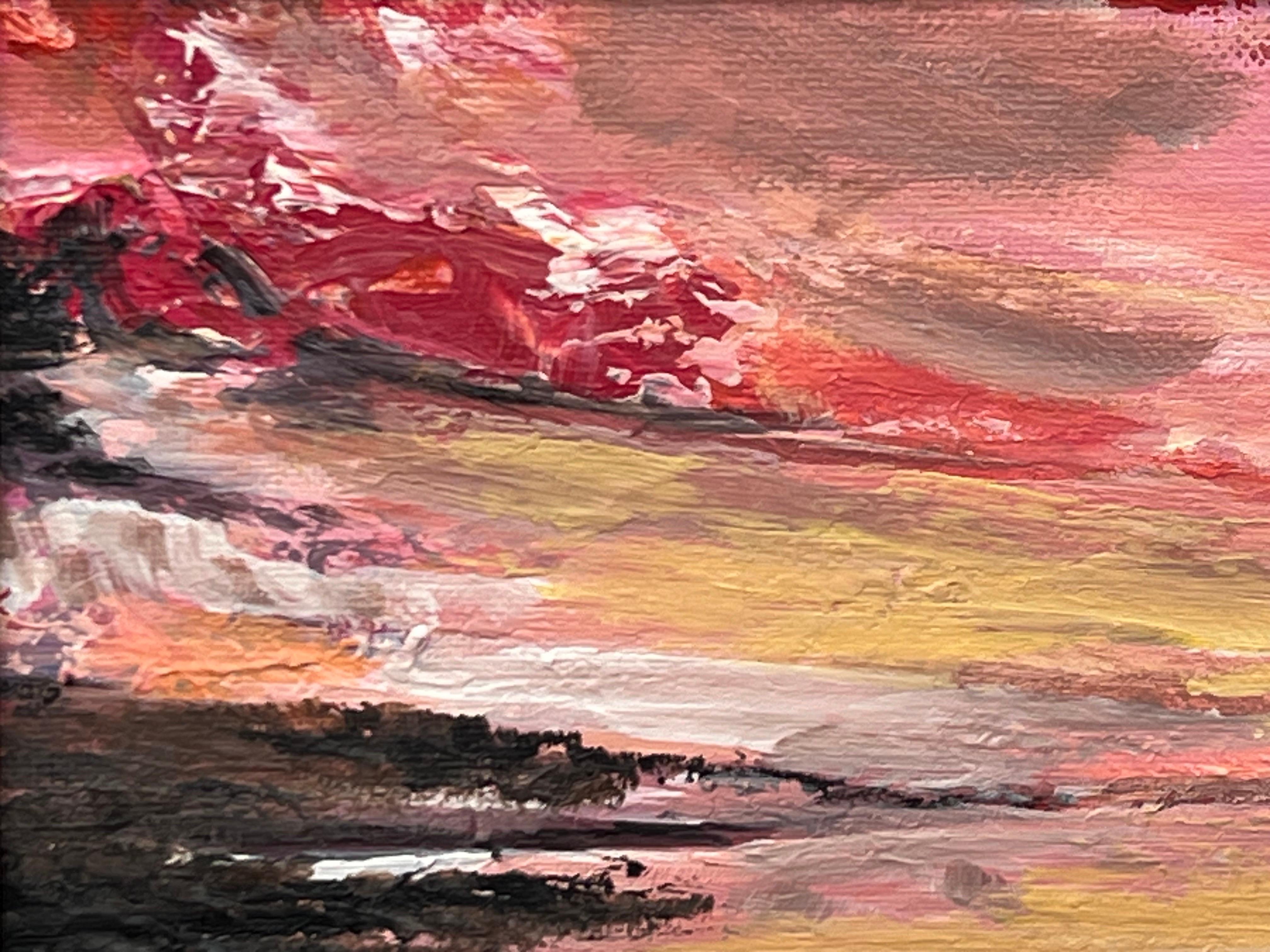 Impasto Abstract Landscape Seascape Painting with Pink Red Black & Golden Yellow For Sale 8