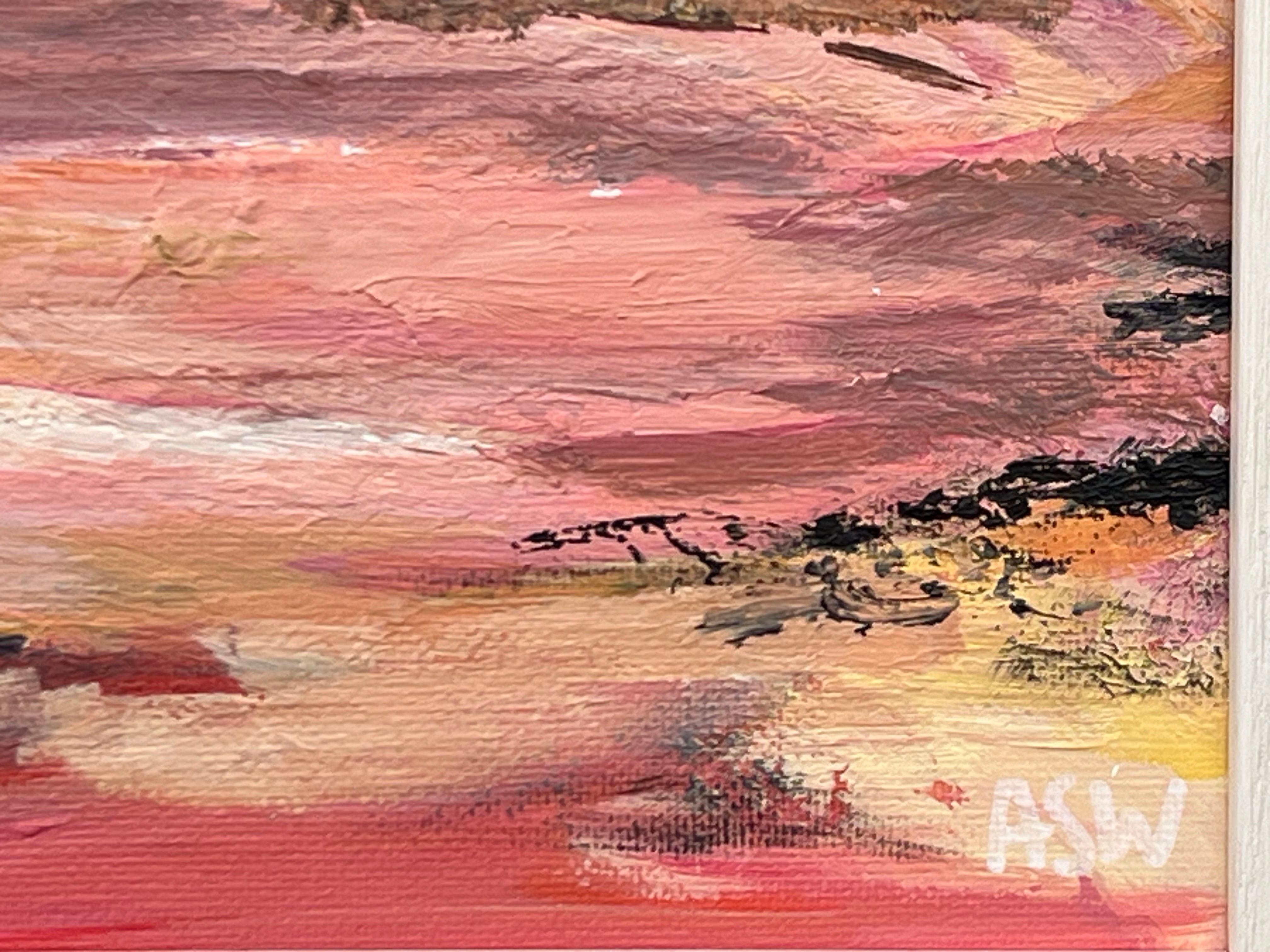 Impasto Abstract Landscape Seascape Painting with Pink Red Black & Golden Yellow For Sale 9