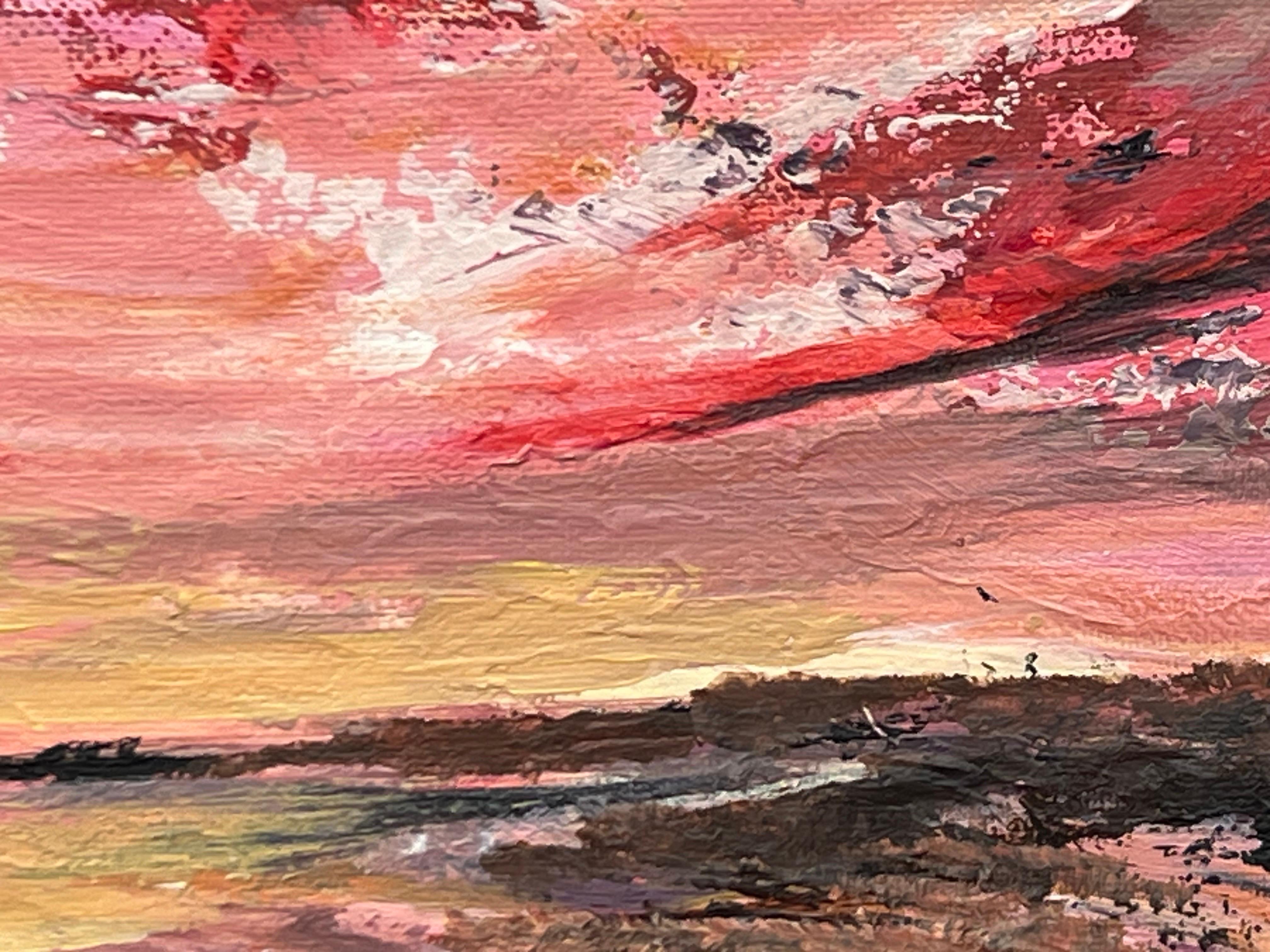 Impasto Abstract Landscape Seascape Painting with Pink Red Black & Golden Yellow For Sale 10