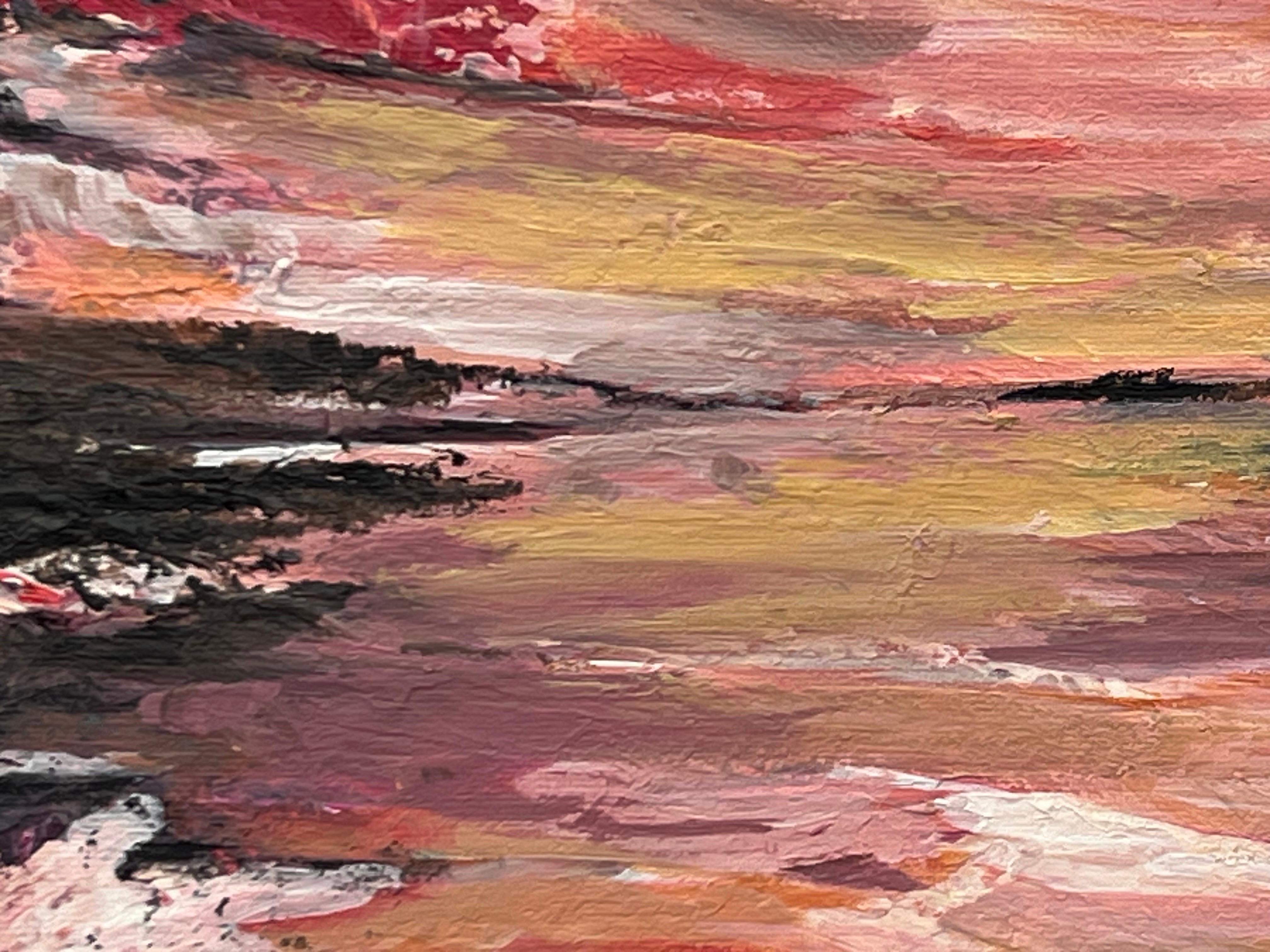 Impasto Abstract Landscape Seascape Painting with Pink Red Black & Golden Yellow (peinture abstraite de paysage marin avec rose, rouge, noir et jaune d'or) en vente 11