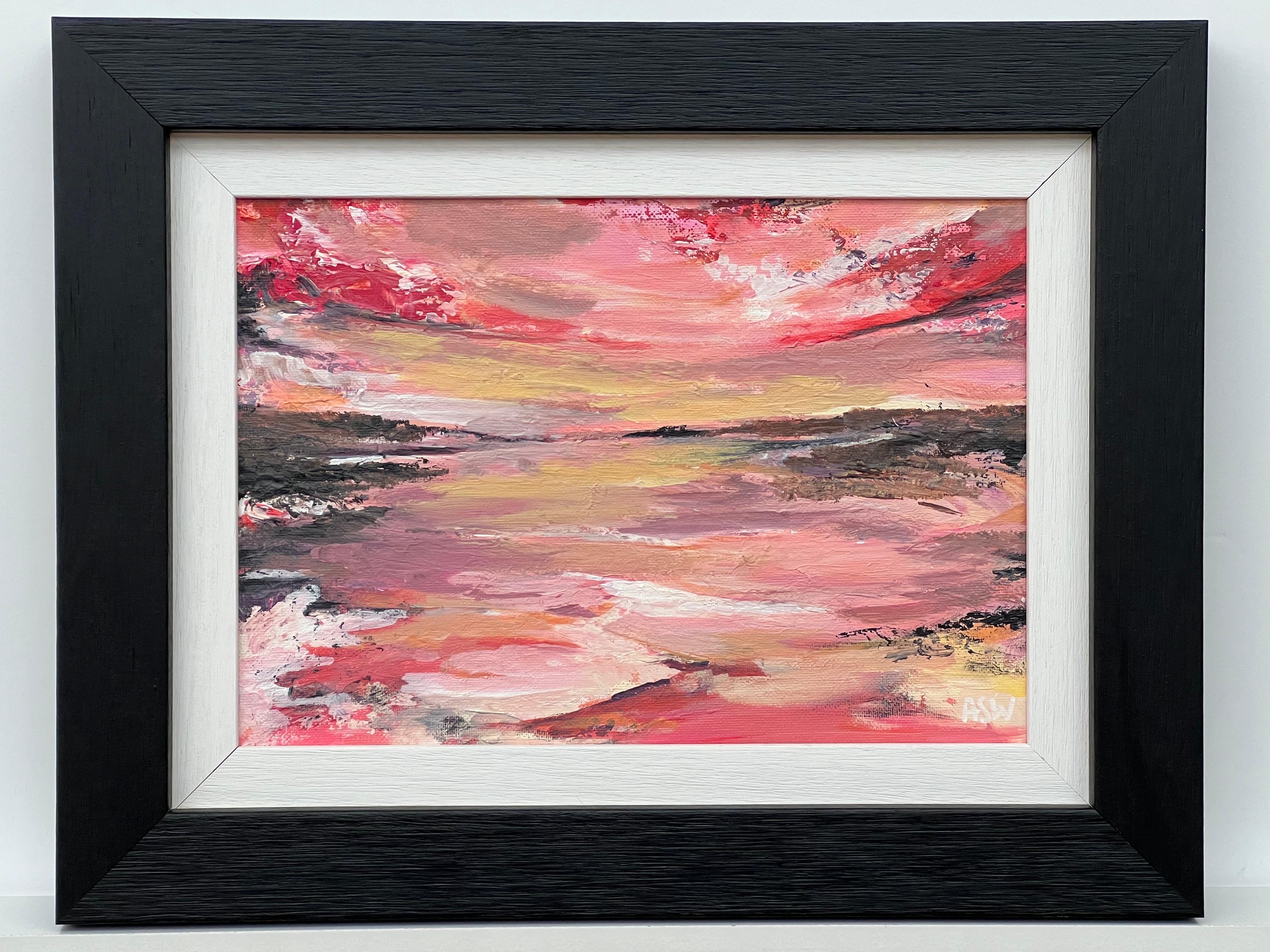 Impasto Abstract Landscape Seascape Painting with Pink Red Black & Golden Yellow For Sale 13