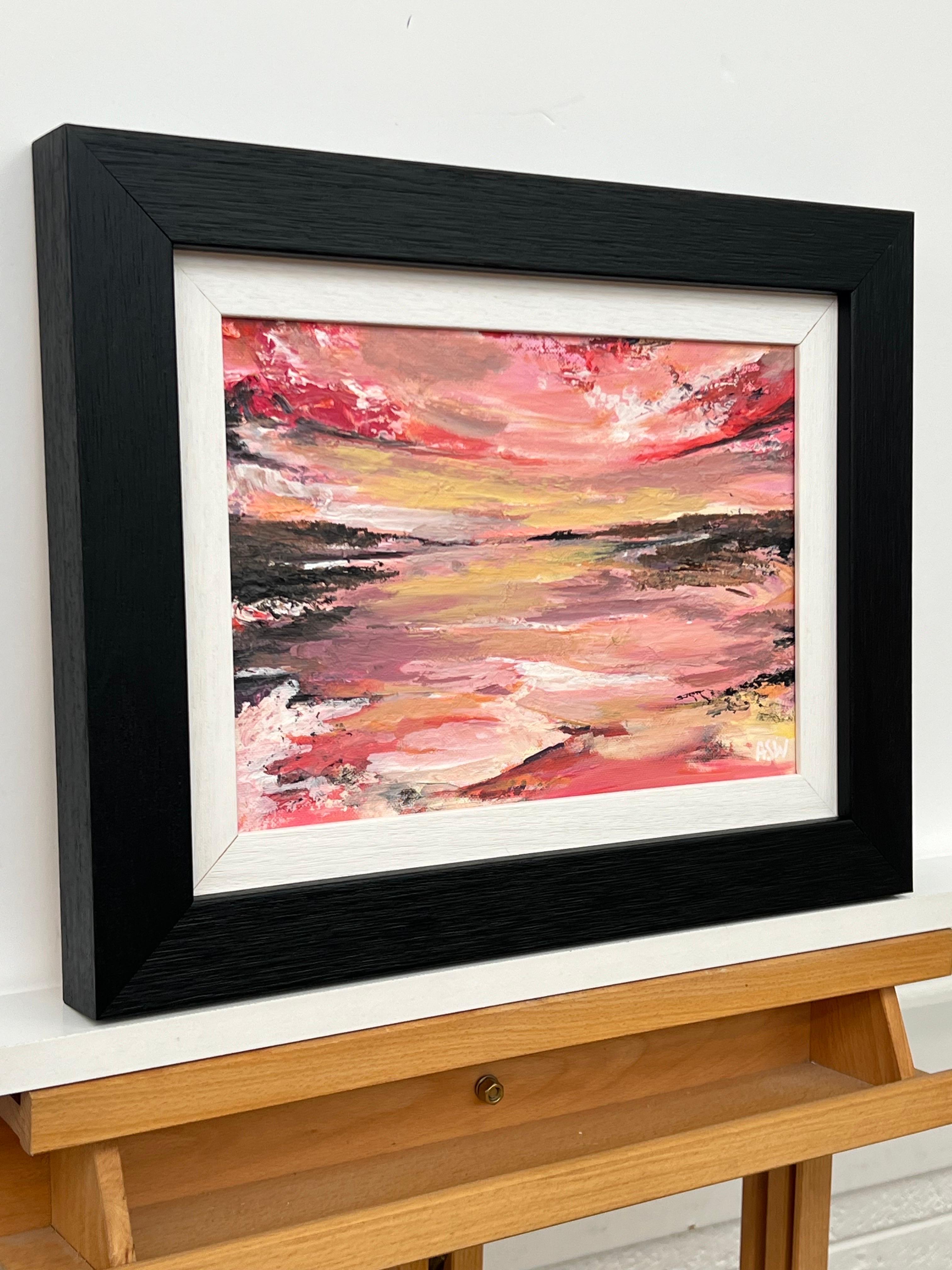 Impasto Abstract Landscape Seascape Painting with Pink Red Black & Golden Yellow by British Contemporary Artist, Angela Wakefield

Art measures 12 x 8 inches
Frame measures 17 x 13 inches

This painting portrays a vibrant sunset over a coastal