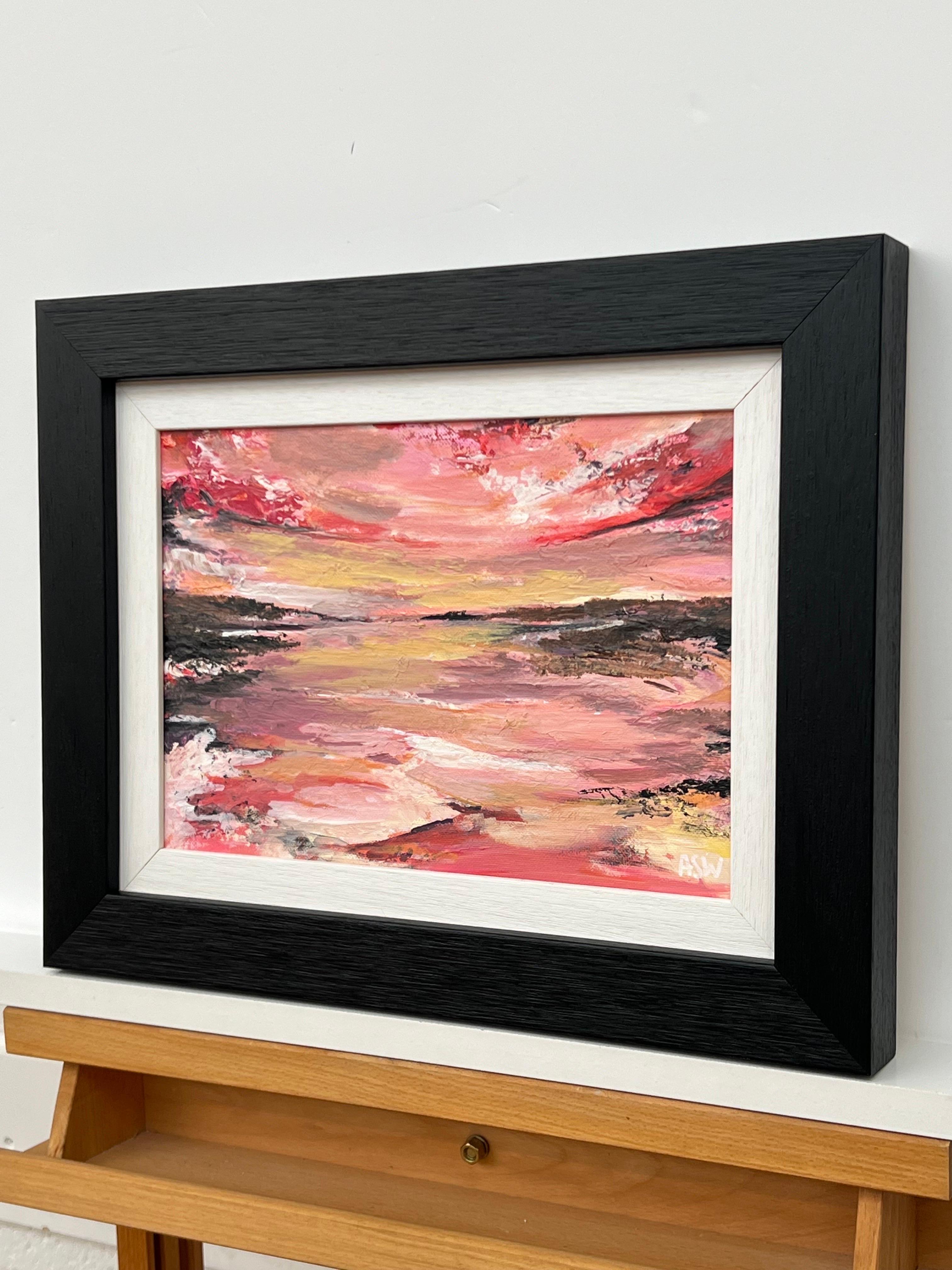 Impasto Abstract Landscape Seascape Painting with Pink Red Black & Golden Yellow For Sale 2