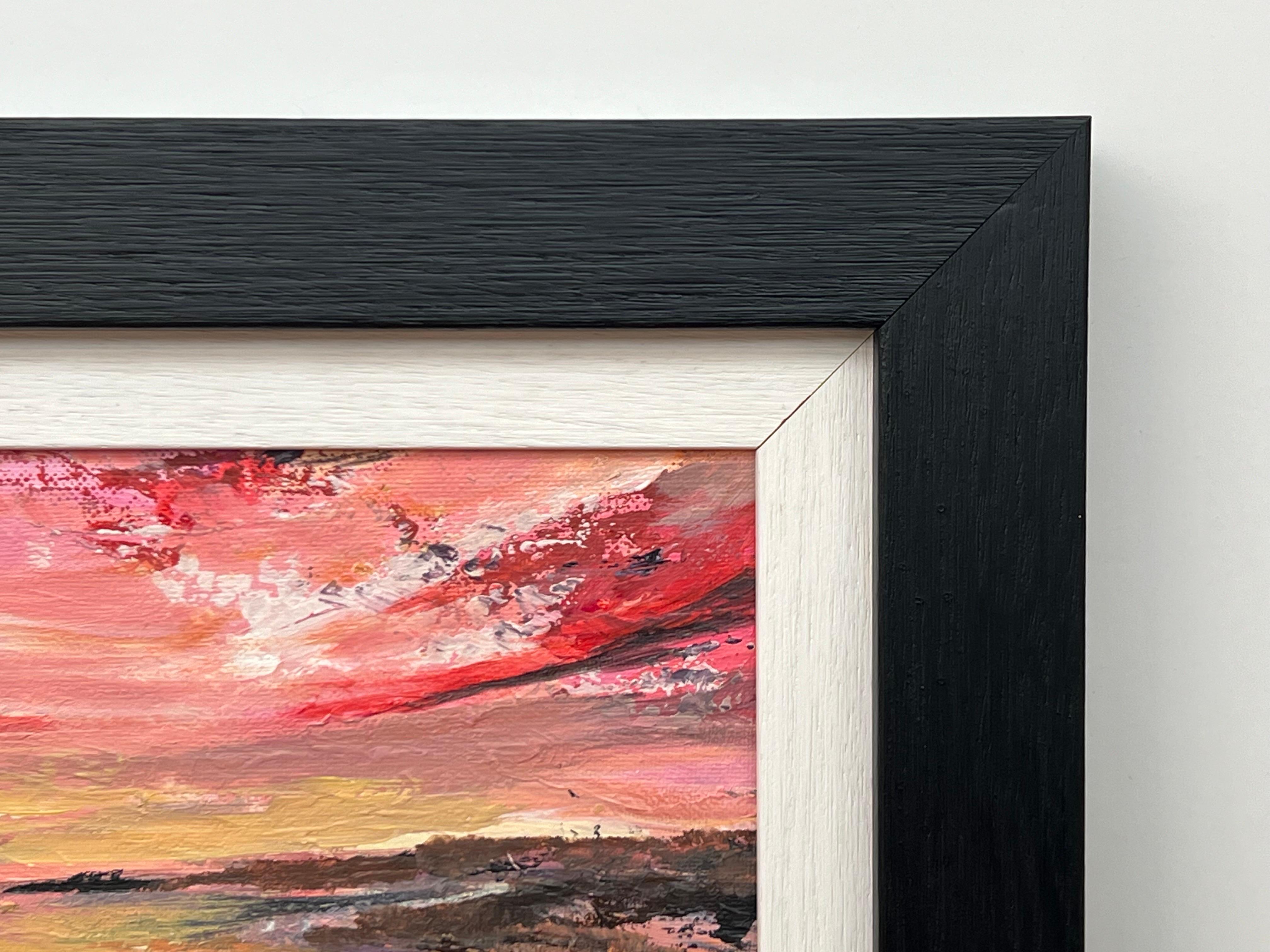 Impasto Abstract Landscape Seascape Painting with Pink Red Black & Golden Yellow For Sale 3