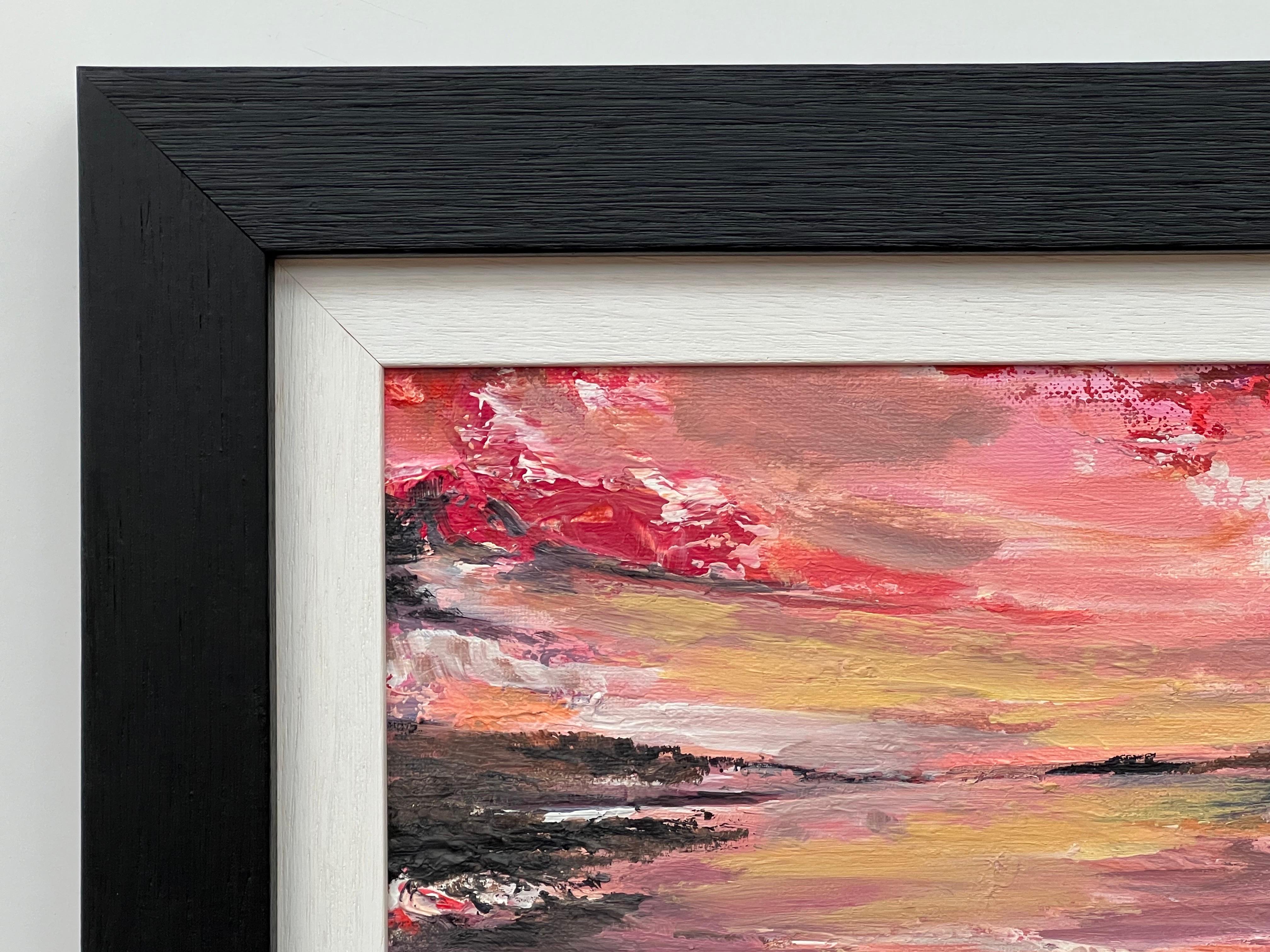 Impasto Abstract Landscape Seascape Painting with Pink Red Black & Golden Yellow For Sale 4