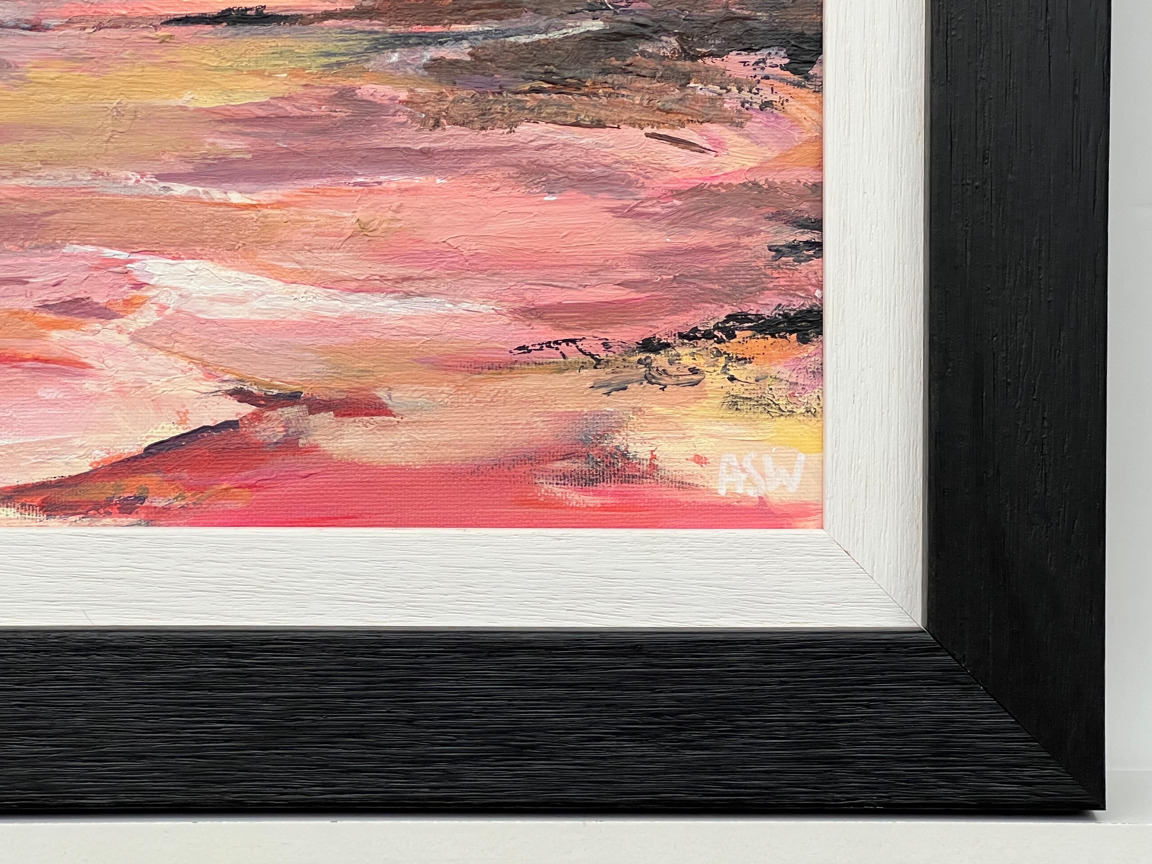 Impasto Abstract Landscape Seascape Painting with Pink Red Black & Golden Yellow For Sale 6