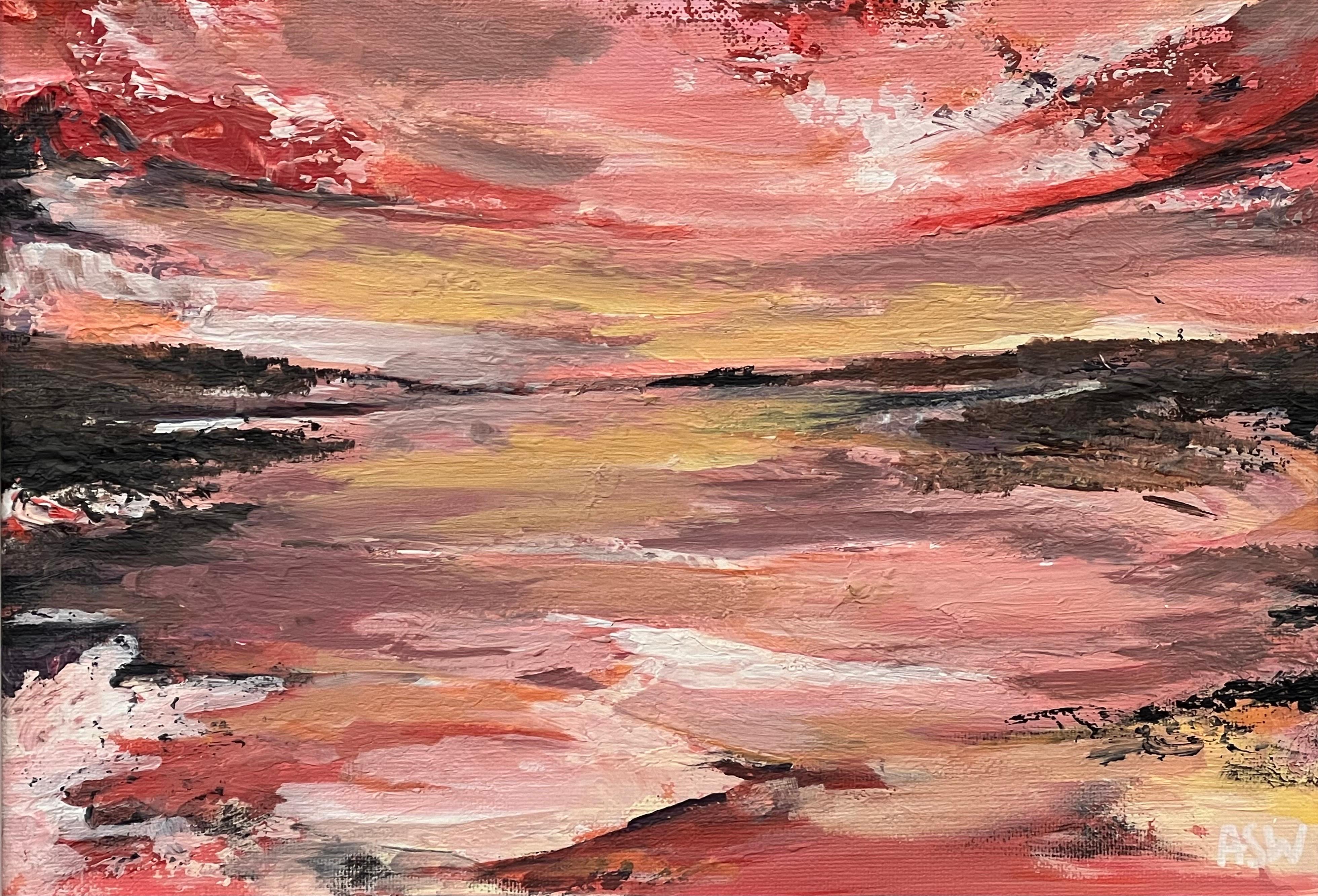 Impasto Abstract Landscape Seascape Painting with Pink Red Black & Golden Yellow For Sale 7